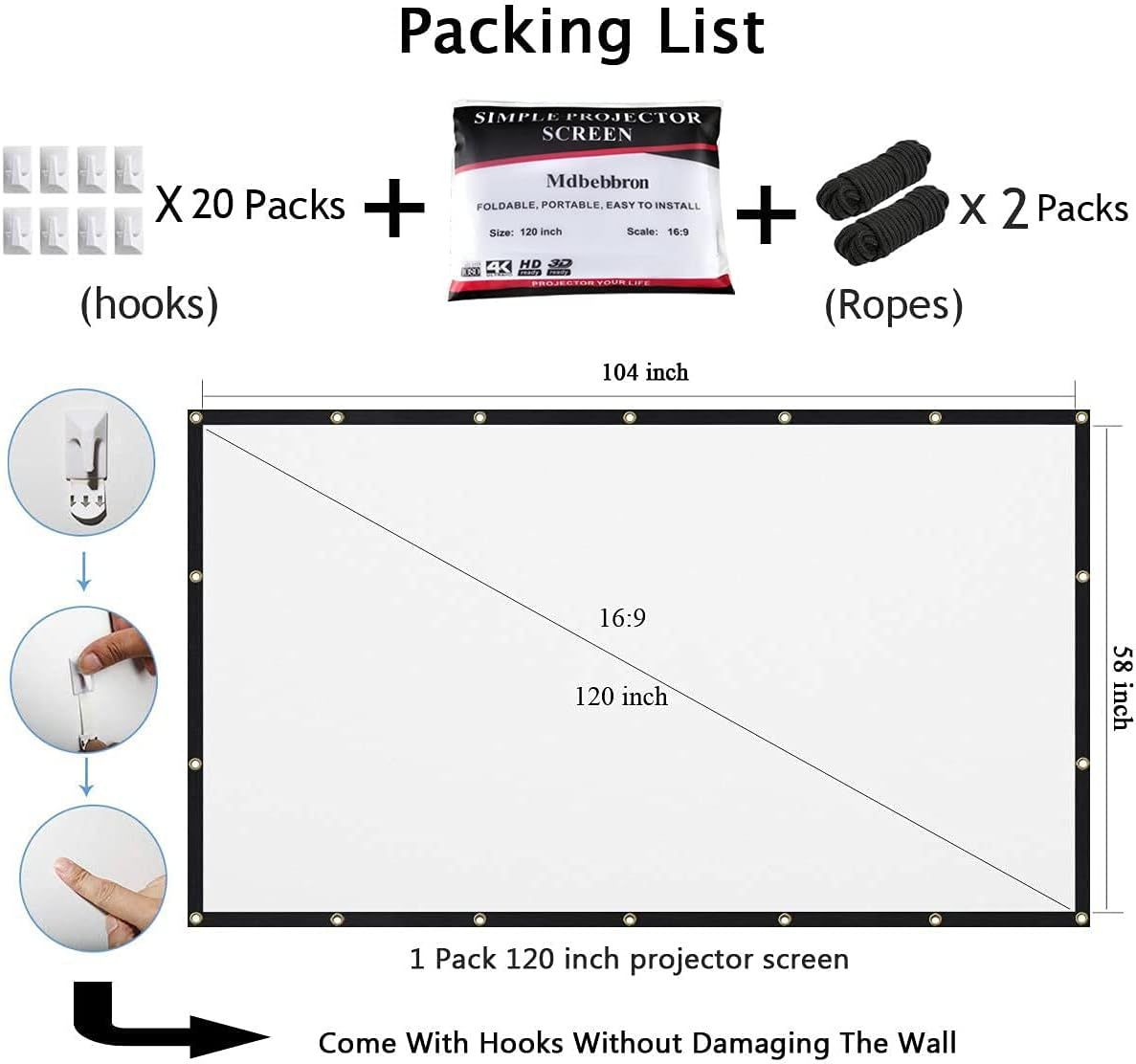 Shows everything included in the package—hooks, ropes, and the projector screen—to reassure shoppers they have all necessary components for setup.