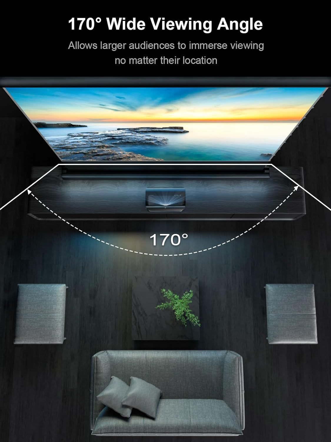 Communicates the product's 170-degree viewing angle as a key performance specification, reassuring shoppers that multiple viewers can watch comfortably from different positions in the room.…