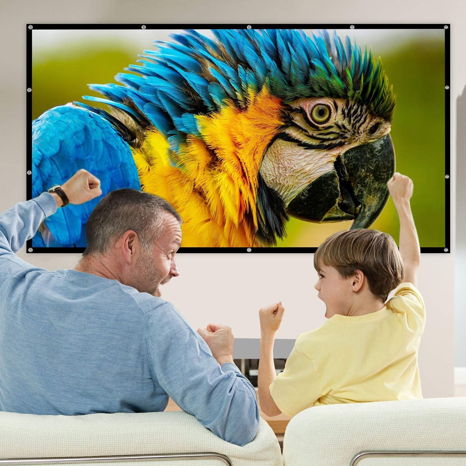 Demonstrates the product in a real-world home setting, showing a father and son enjoying content together to convey the emotional experience and family-friendly nature of the projector screen.