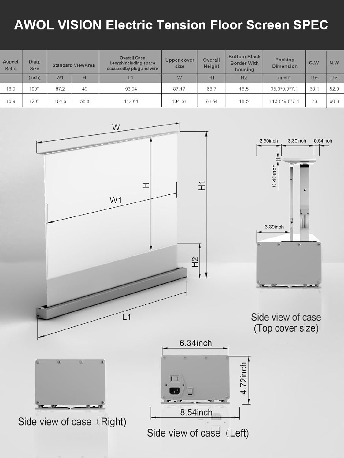 Provides detailed dimensional specifications and technical measurements for the electric tension floor screen, helping shoppers understand the exact physical size and component dimensions for…