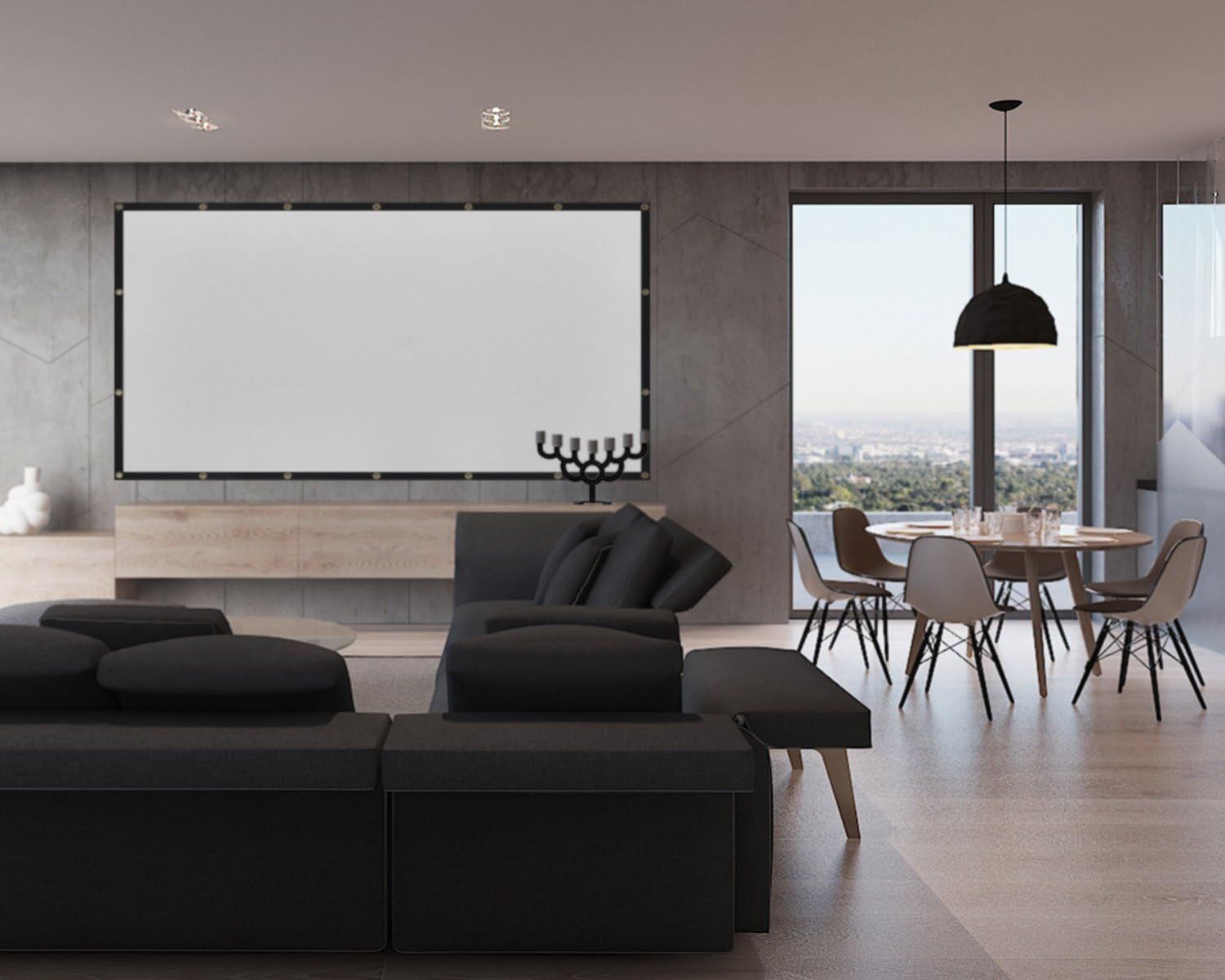 Demonstrates the product (projector screen) in a real-world luxury home environment to help shoppers visualize how it integrates into contemporary living spaces.