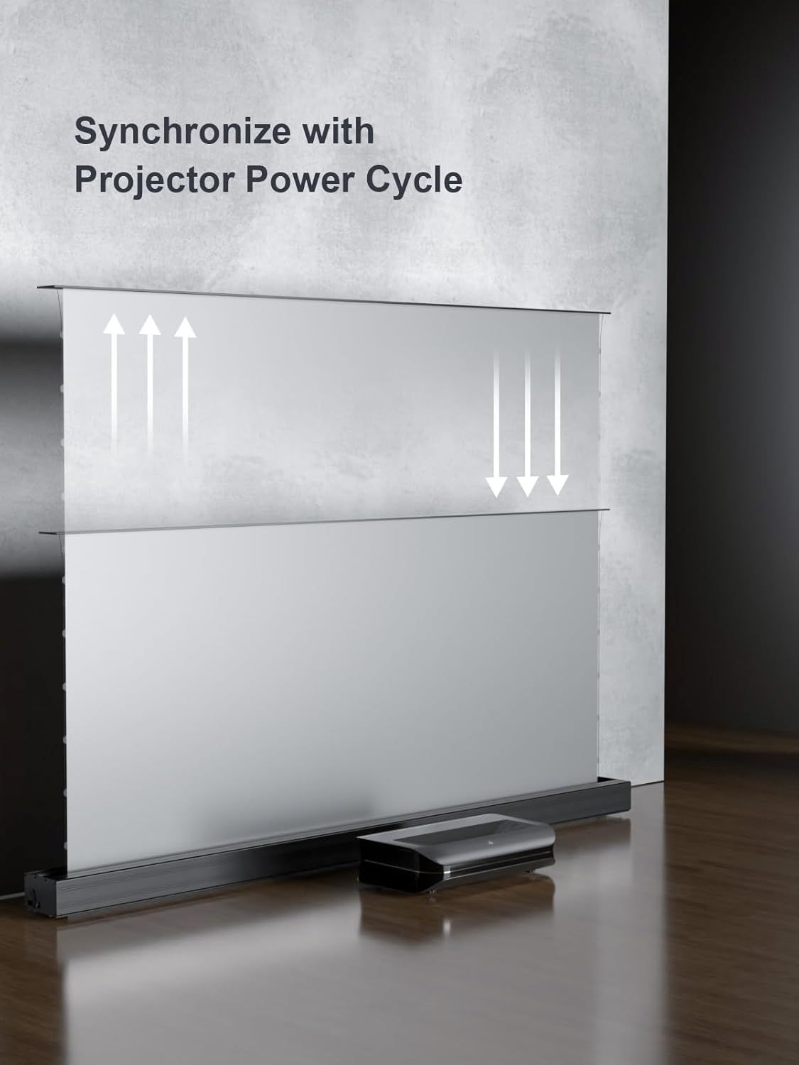 Communicates that the projector screen can synchronize with the projector's power cycle, automatically raising and lowering to match the projector's on/off state for convenience.