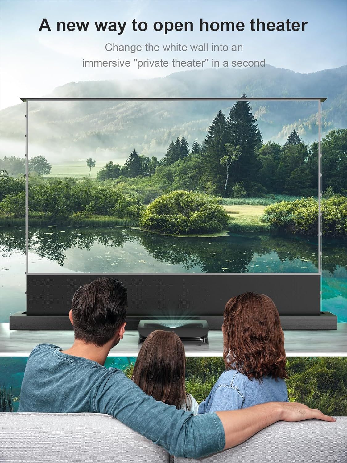 Communicates the product's ability to transform any space into an immersive private theater instantly, emphasizing the cinematic viewing experience and ease of setup.
