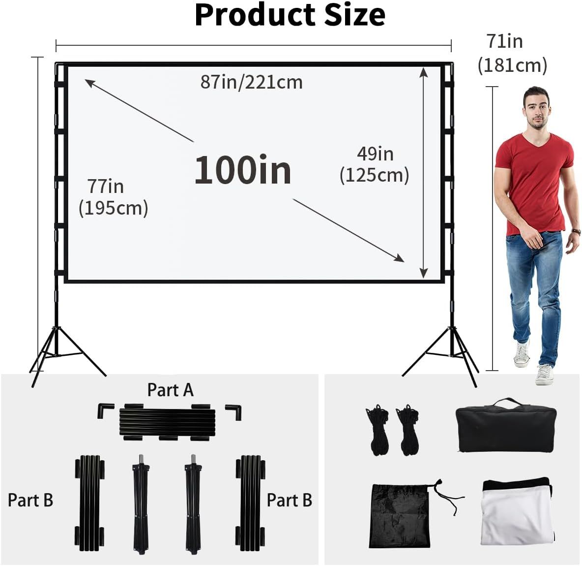 Communicates the exact physical dimensions of the projector screen (100in diagonal, 77in height, 49in width) with a human figure for scale reference, helping shoppers understand the actual size of…
