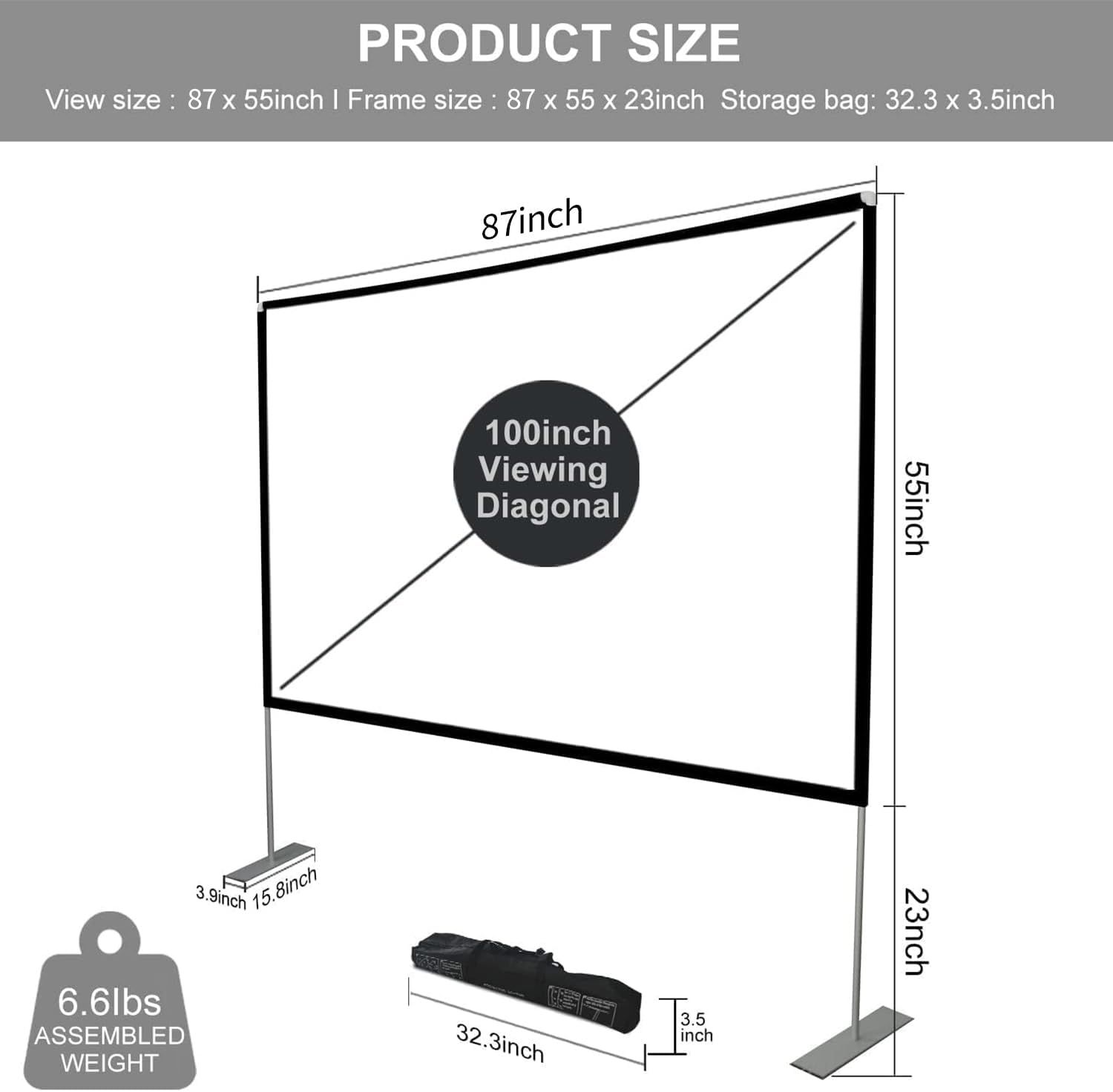 Communicates the exact physical dimensions of the projector screen (frame, viewing area, storage bag) and weight to help shoppers understand the product's size and portability before purchase.
