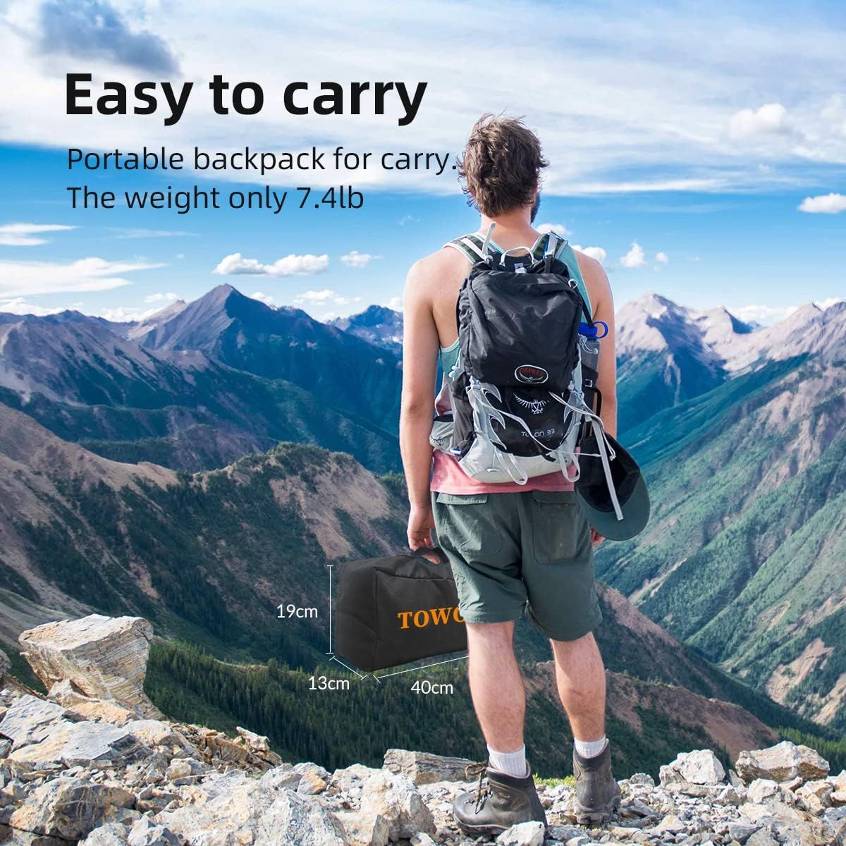 Communicates the product's portability by showing its light weight (7.4lb) and compact folded dimensions (40cm x 19cm x 13cm), reassuring shoppers it's easy to carry and travel-friendly. Highlights…