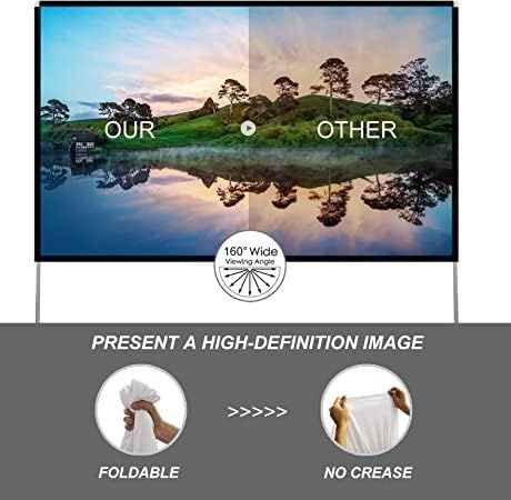 Demonstrates the product's superiority over competing projector screens by highlighting its high-definition image quality, foldable design, and crease-free surface compared to generic alternatives.…