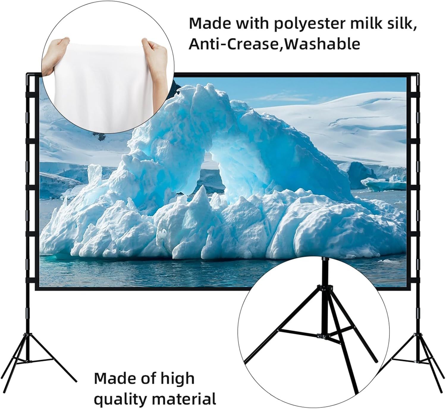 Highlights the physical components and material quality of the photography backdrop, showing the fabric texture and stand construction to reassure buyers of durability and ease of maintenance.