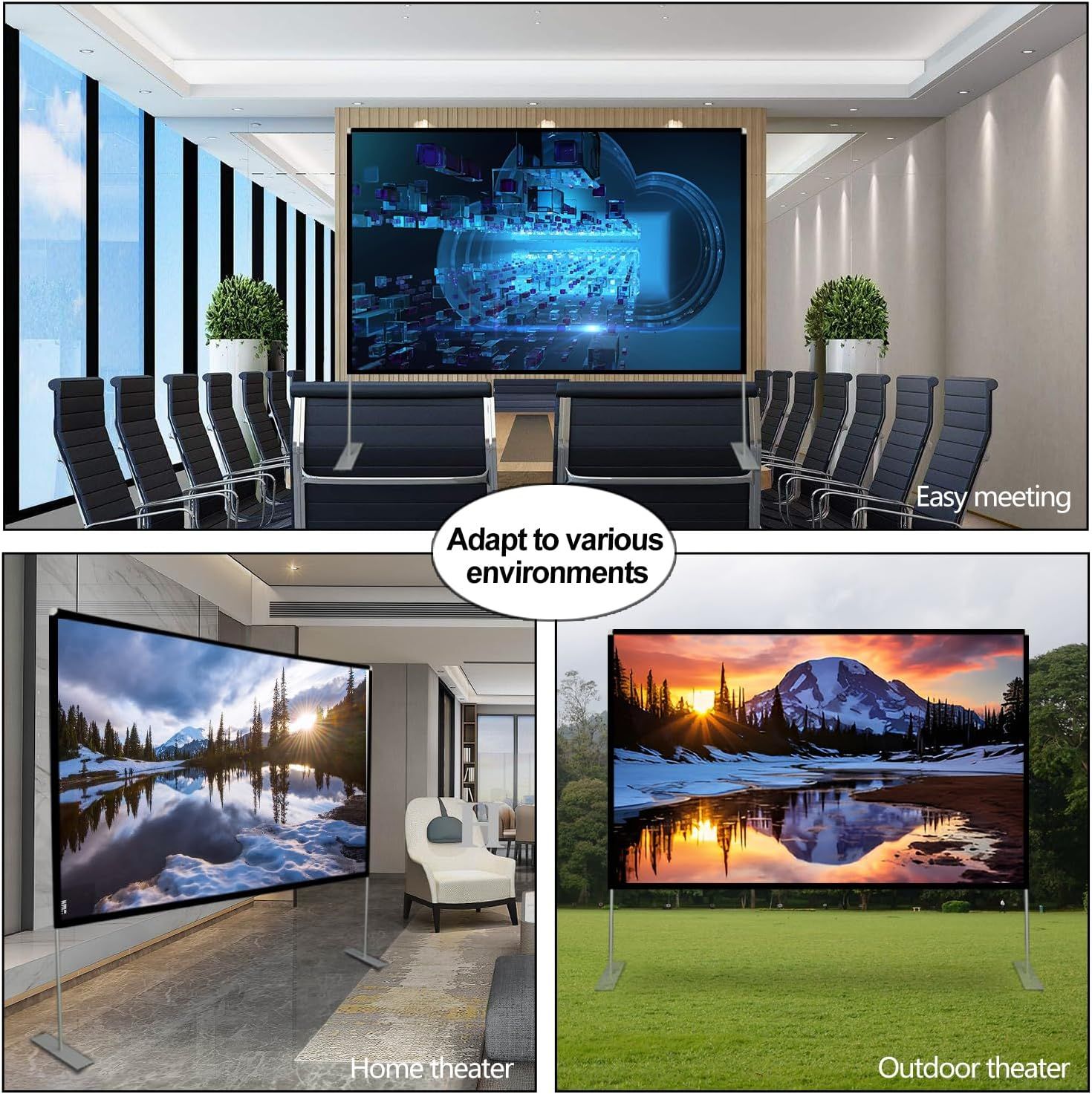 Demonstrates the product's versatility by showing it can be used in multiple environments: conference rooms for business meetings, home theaters for entertainment, and outdoor settings for events.