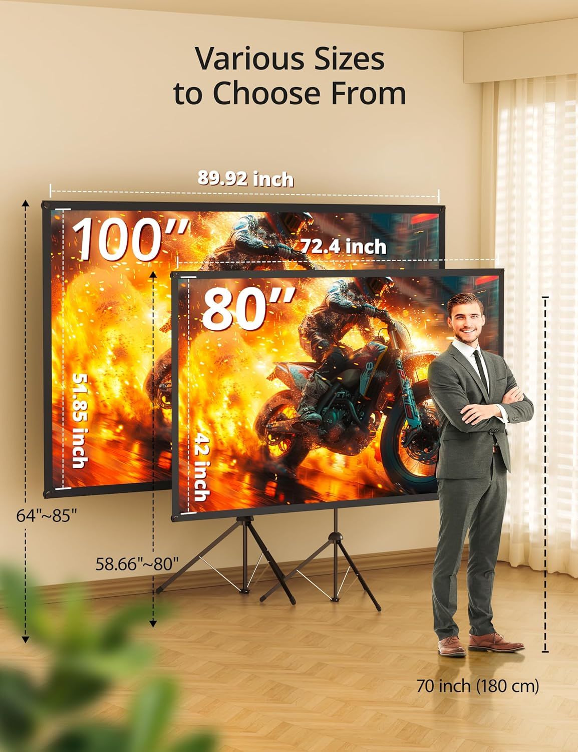 Helps shoppers understand the different size options available (80-inch and 100-inch screens) by showing them side-by-side with detailed dimensions, making it easier to choose the right size for…