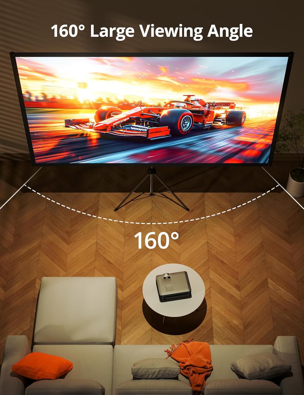Communicates the product's 160-degree viewing angle capability to reassure shoppers that multiple people can watch comfortably from different positions in the room. Demonstrates the benefit of the…