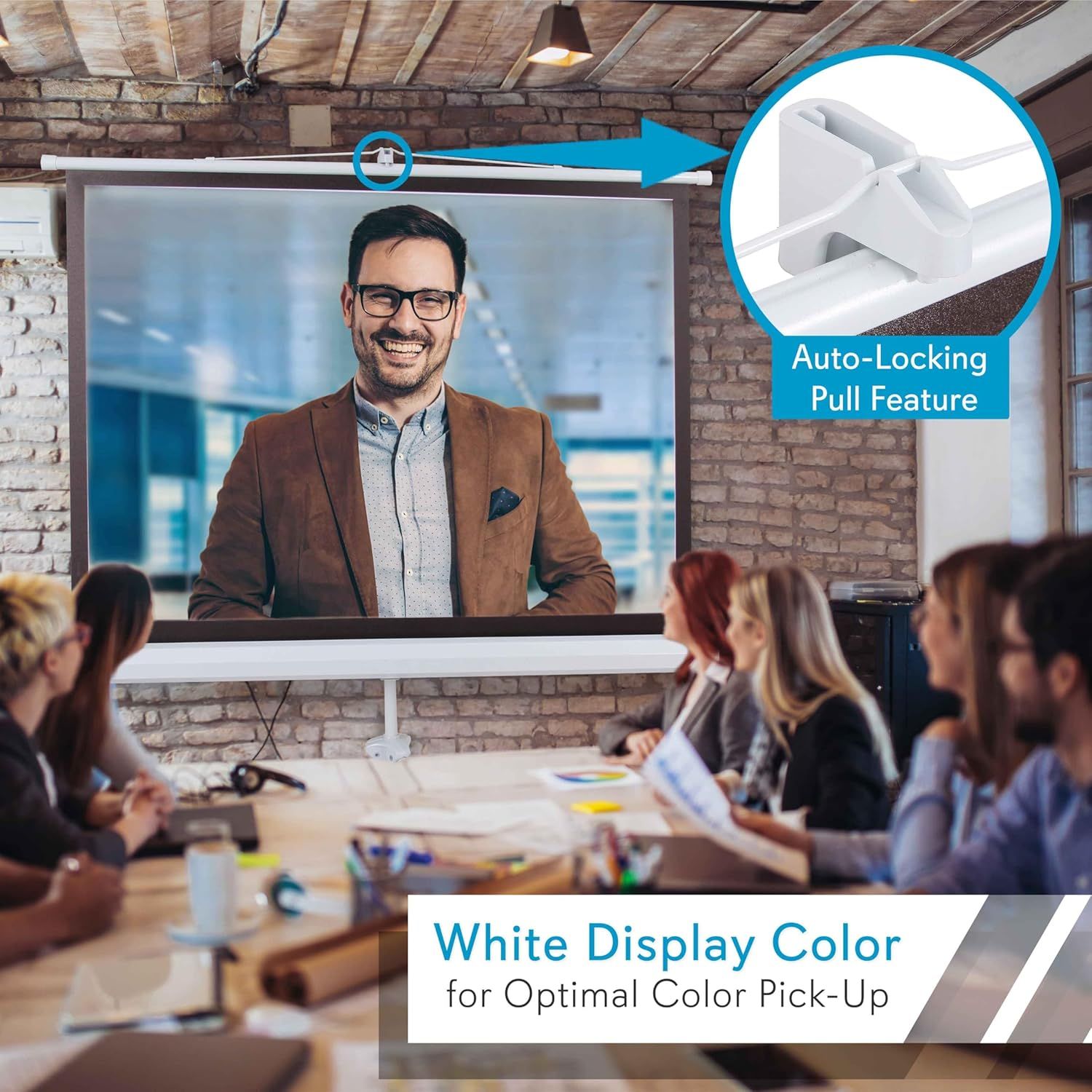 Highlights two distinct product benefits: the auto-locking pull mechanism for ease of use and the white display surface for optimal color reproduction, reassuring buyers of the screen's…