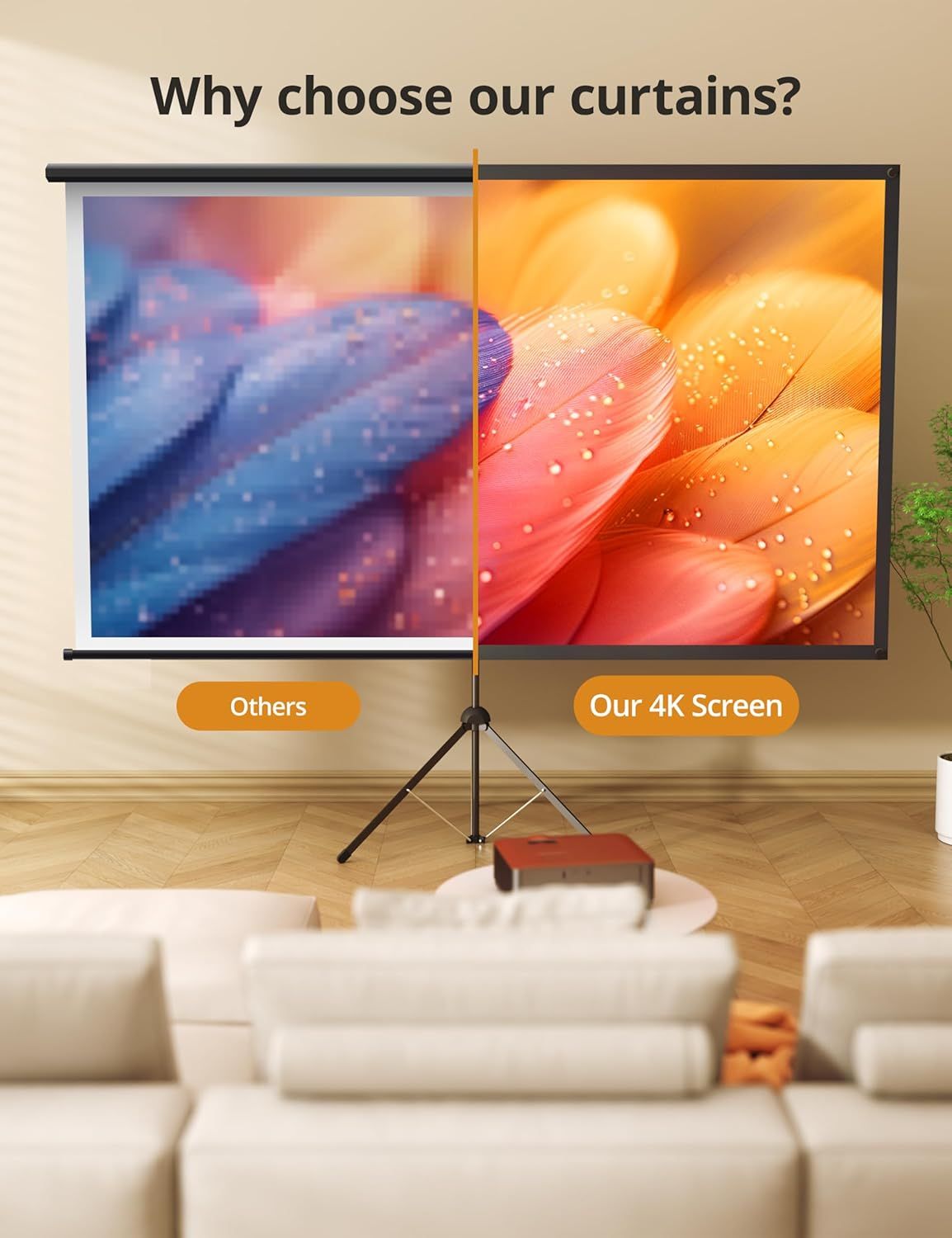 Demonstrates the superior visual quality and clarity of this brand's 4K projector screen compared to generic competitors, showing sharper detail and better color reproduction.