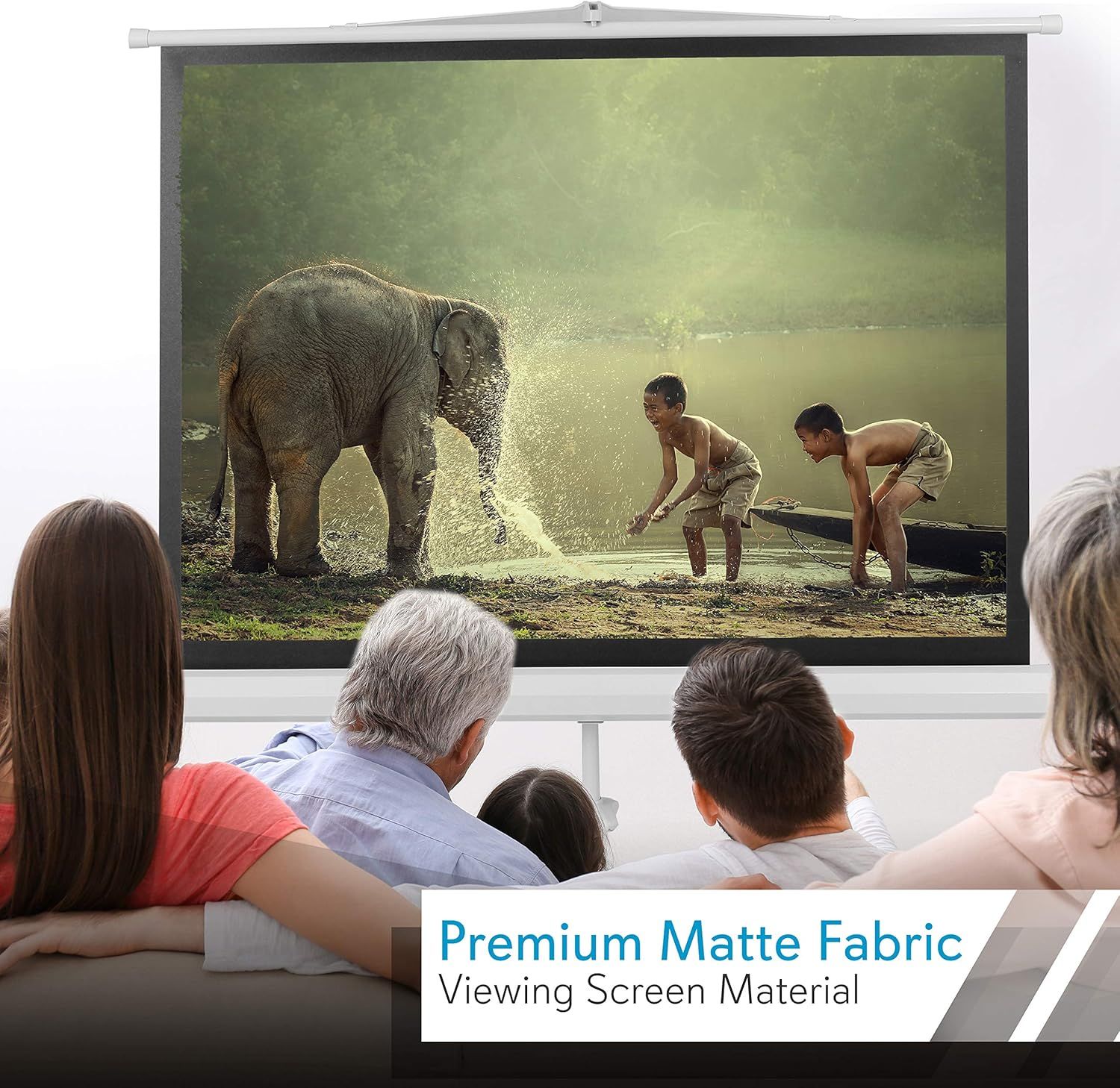 Highlights the premium matte fabric material of the viewing screen to communicate superior image quality and viewing experience for home entertainment.