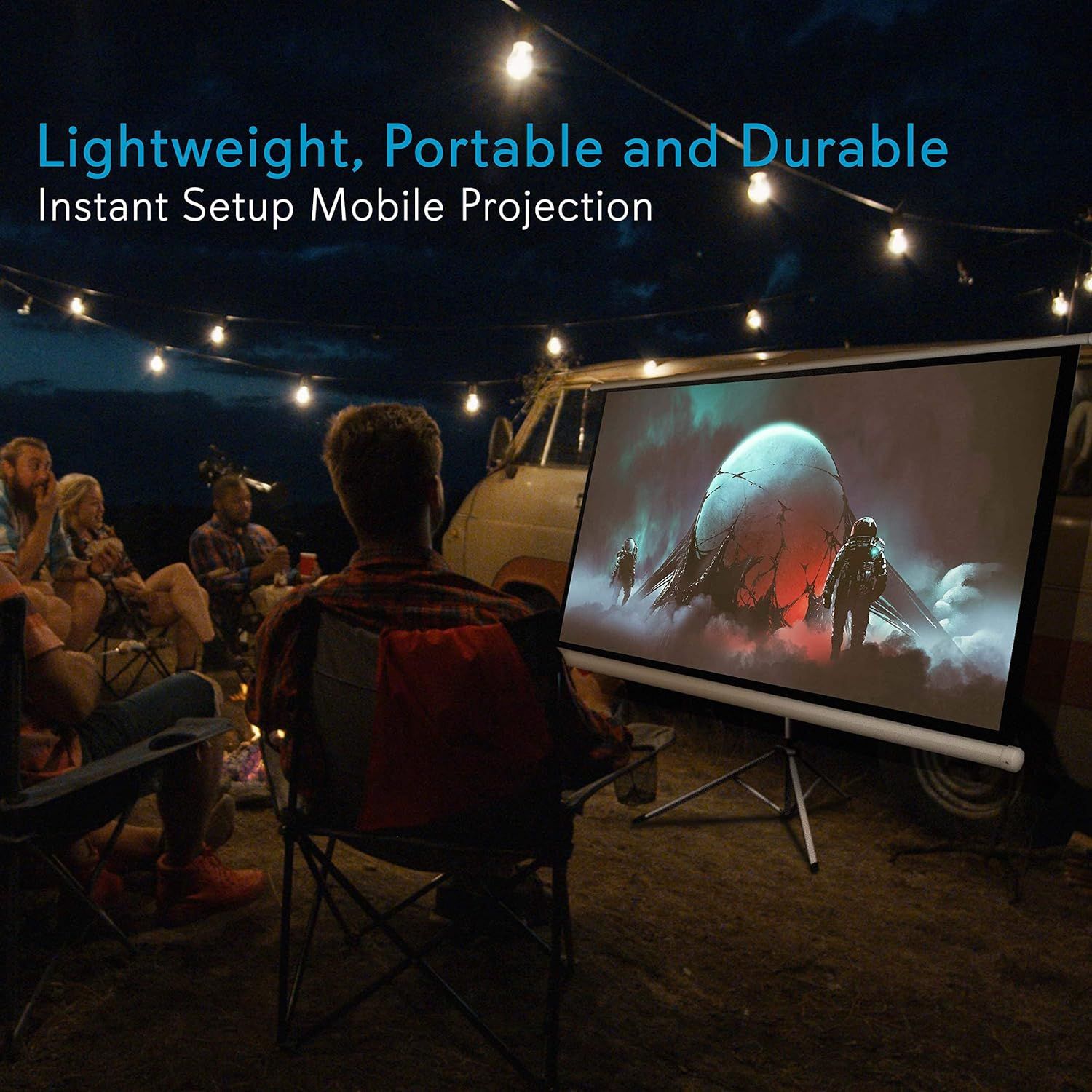 Communicates multiple key benefits of the mobile projection screen—lightweight portability, durability, and easy instant setup—to reassure shoppers it's ideal for outdoor and mobile entertainment.