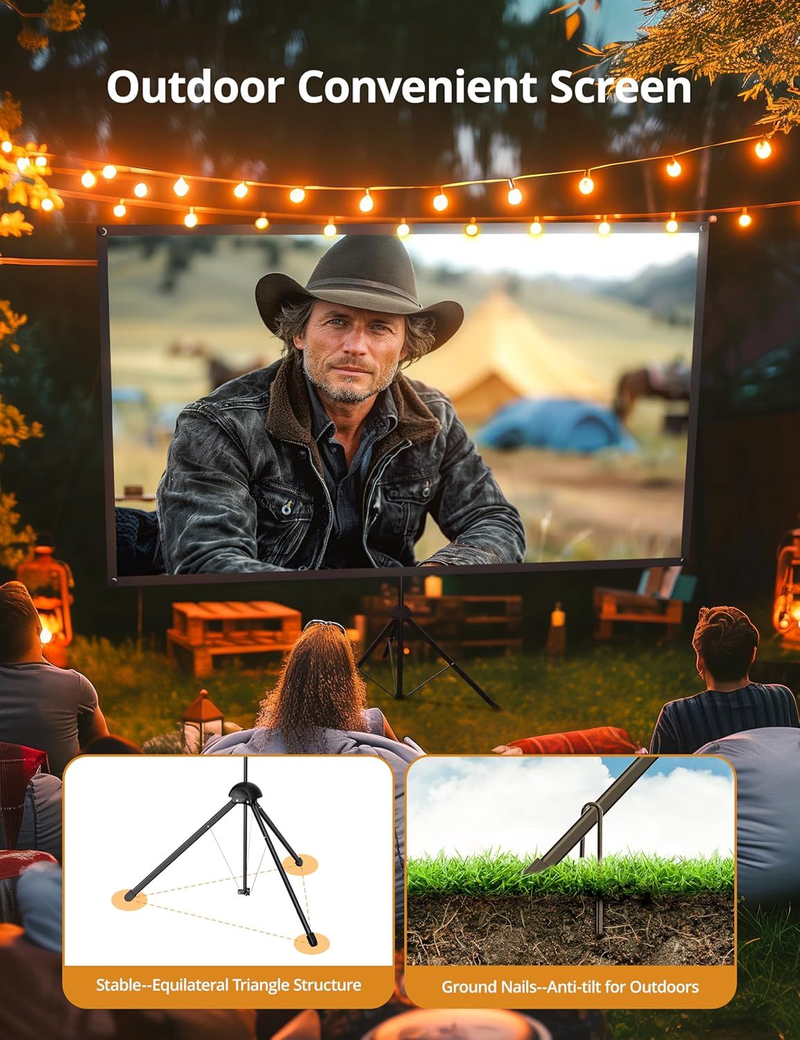 Demonstrates the product's versatility for outdoor movie viewing and entertainment, showing it in use at a backyard or camping setting to reassure shoppers it's perfect for outdoor gatherings.…