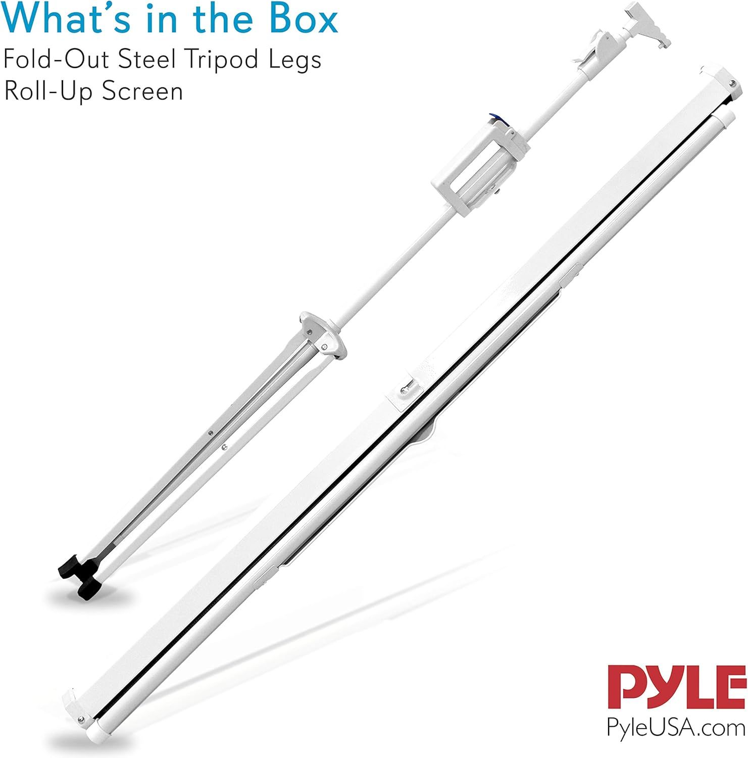 Shows the customer exactly what components are included in the package—the tripod stand and the roll-up projection screen—to set clear expectations about the complete kit.