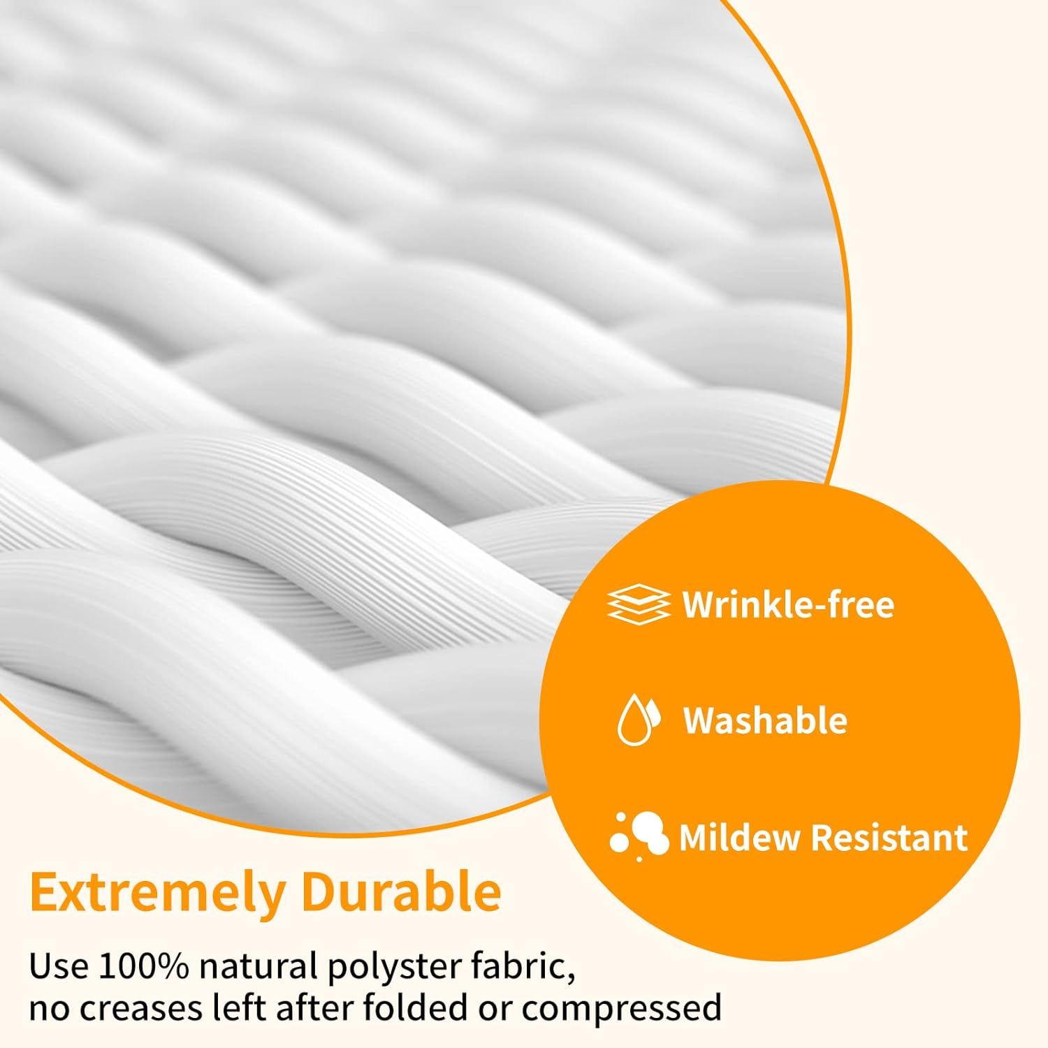 Communicates multiple key benefits of the fabric material including wrinkle-free construction, washability, mildew resistance, and durability to reassure shoppers about the product's quality and…