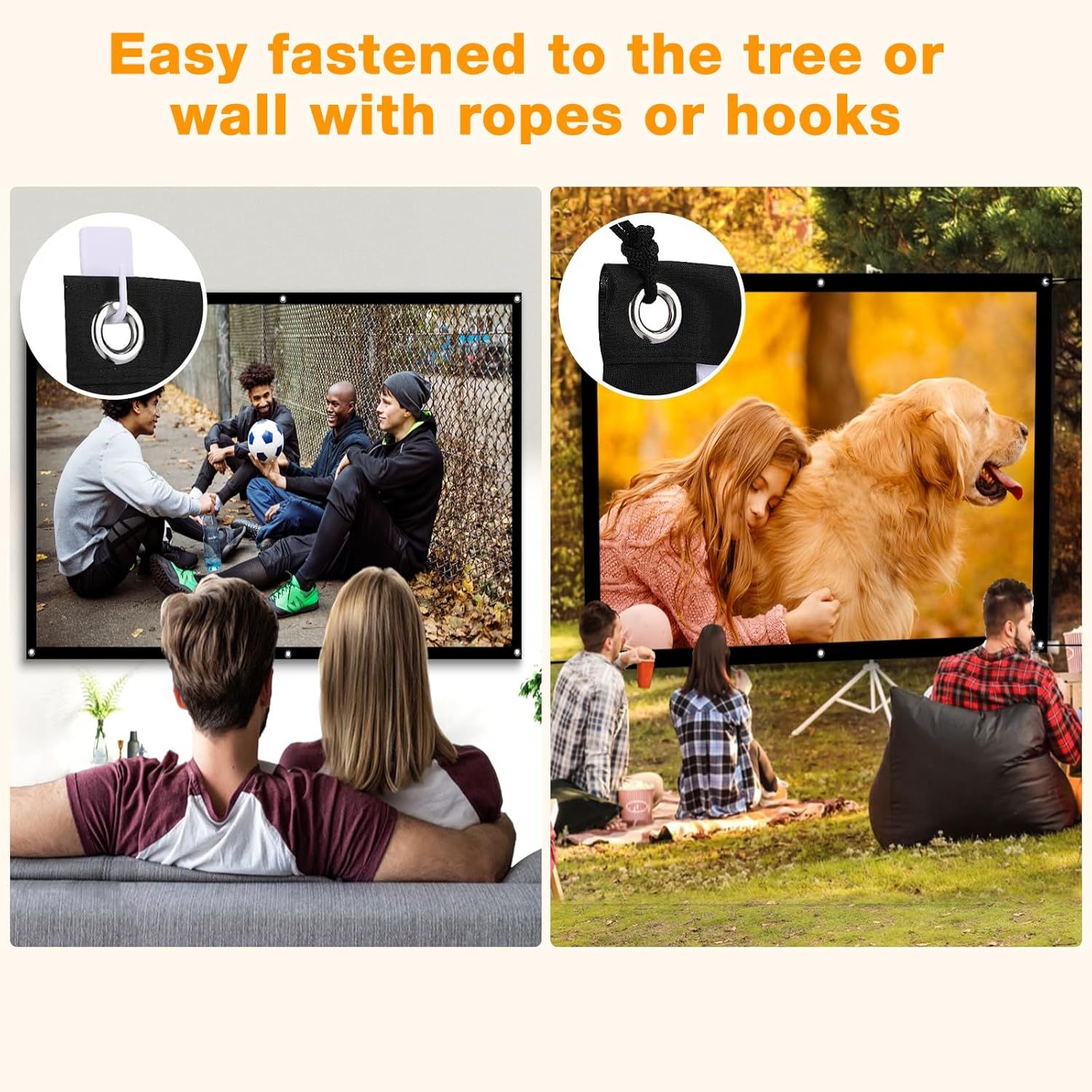 Demonstrates the versatility of the projector screen by showing it can be used in multiple environments—indoors for home entertainment and outdoors for backyard gatherings—while highlighting the…
