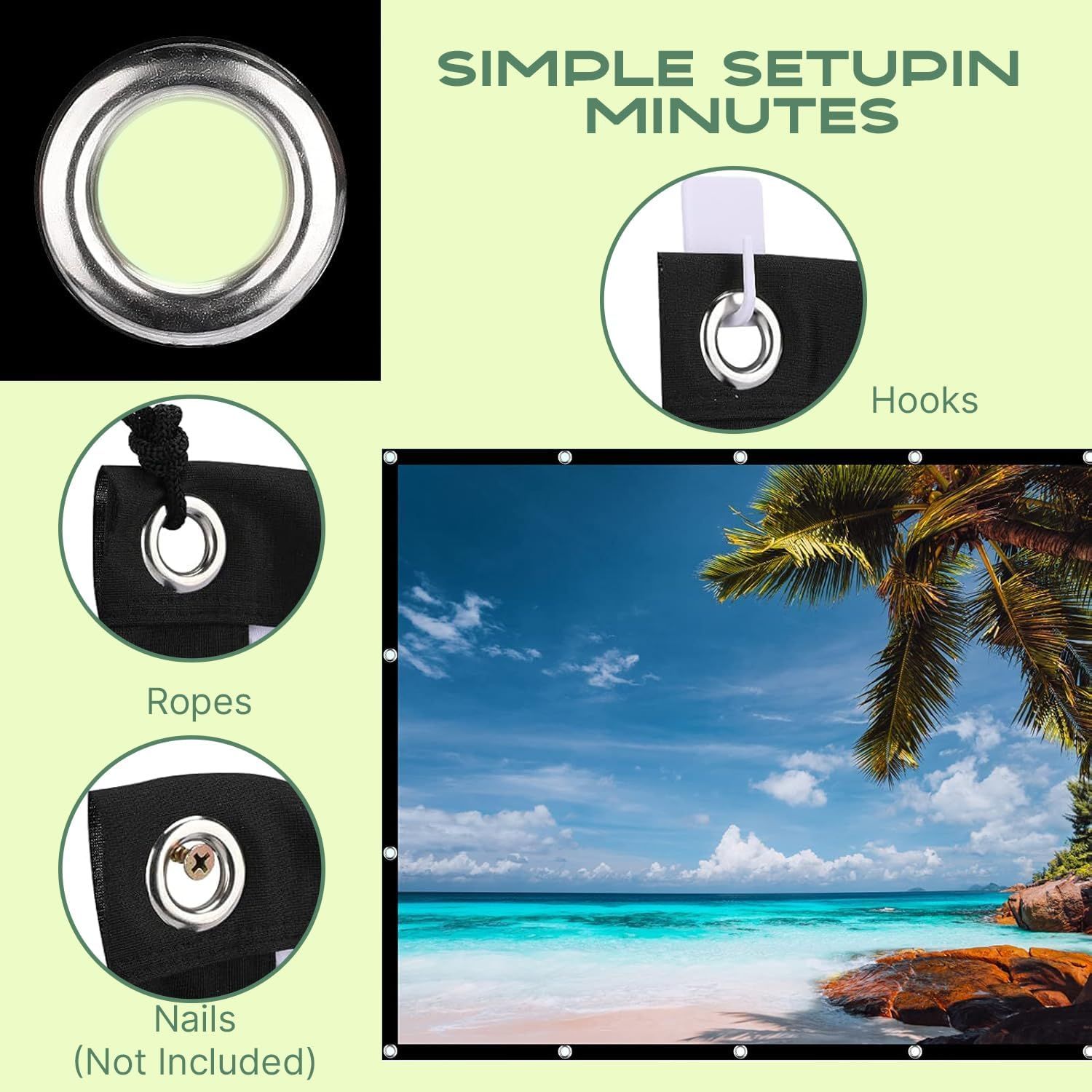 Demonstrates the simple setup process for the product, showing three different installation methods (hooks, ropes, nails) to reassure shoppers that it can be installed quickly in minutes.