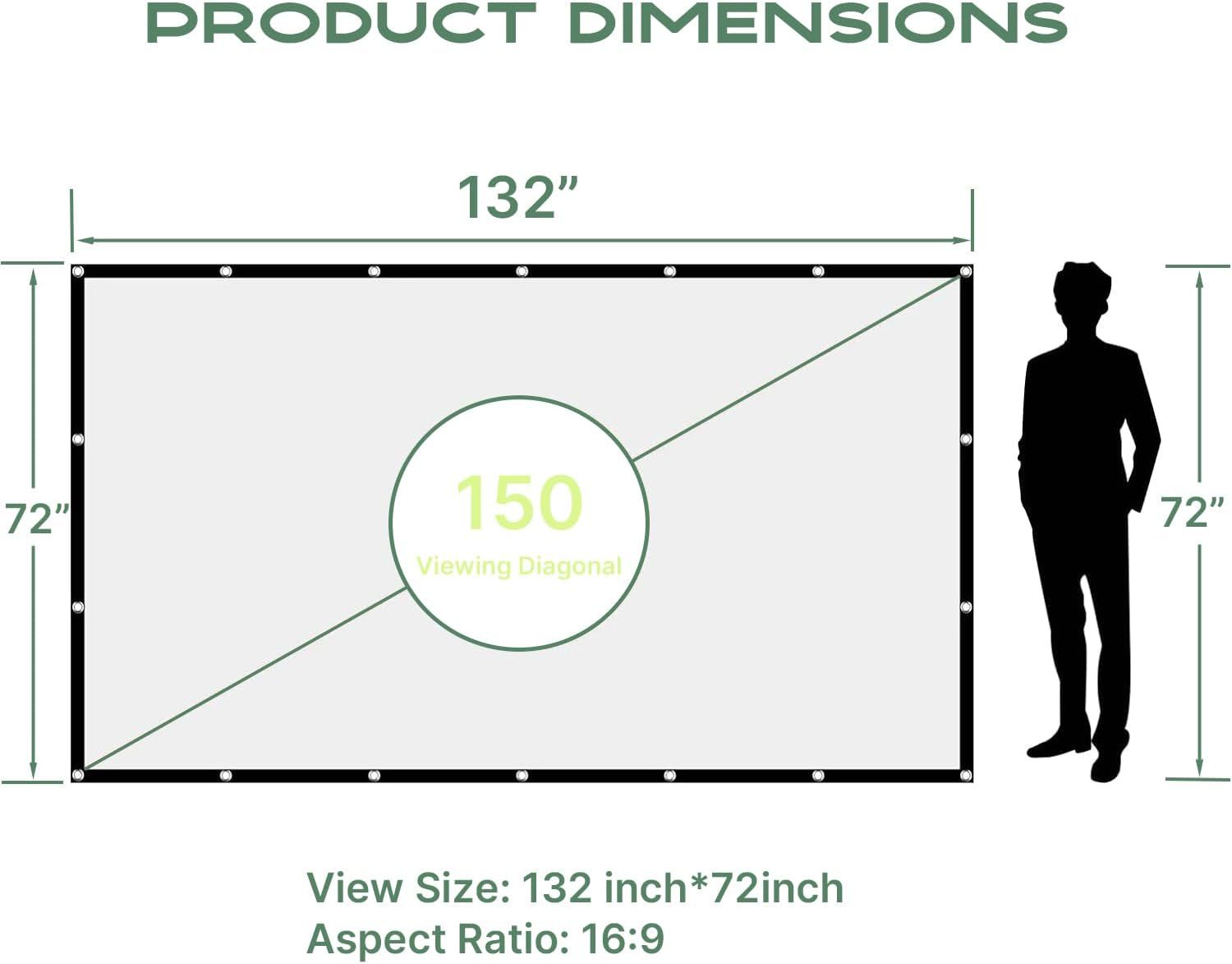 Communicates the exact physical dimensions of the product (132 inches x 72 inches) and viewing diagonal (150 inches) to help shoppers understand the size and scale of the screen, with a human…