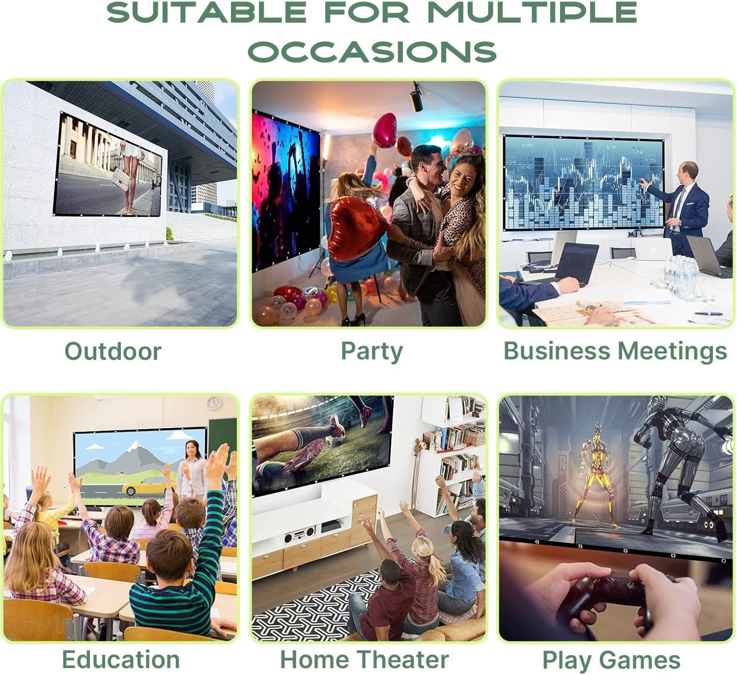 Demonstrates the product's versatility by showing six different real-world scenarios where it can be used, reassuring shoppers that it fits multiple needs and environments.