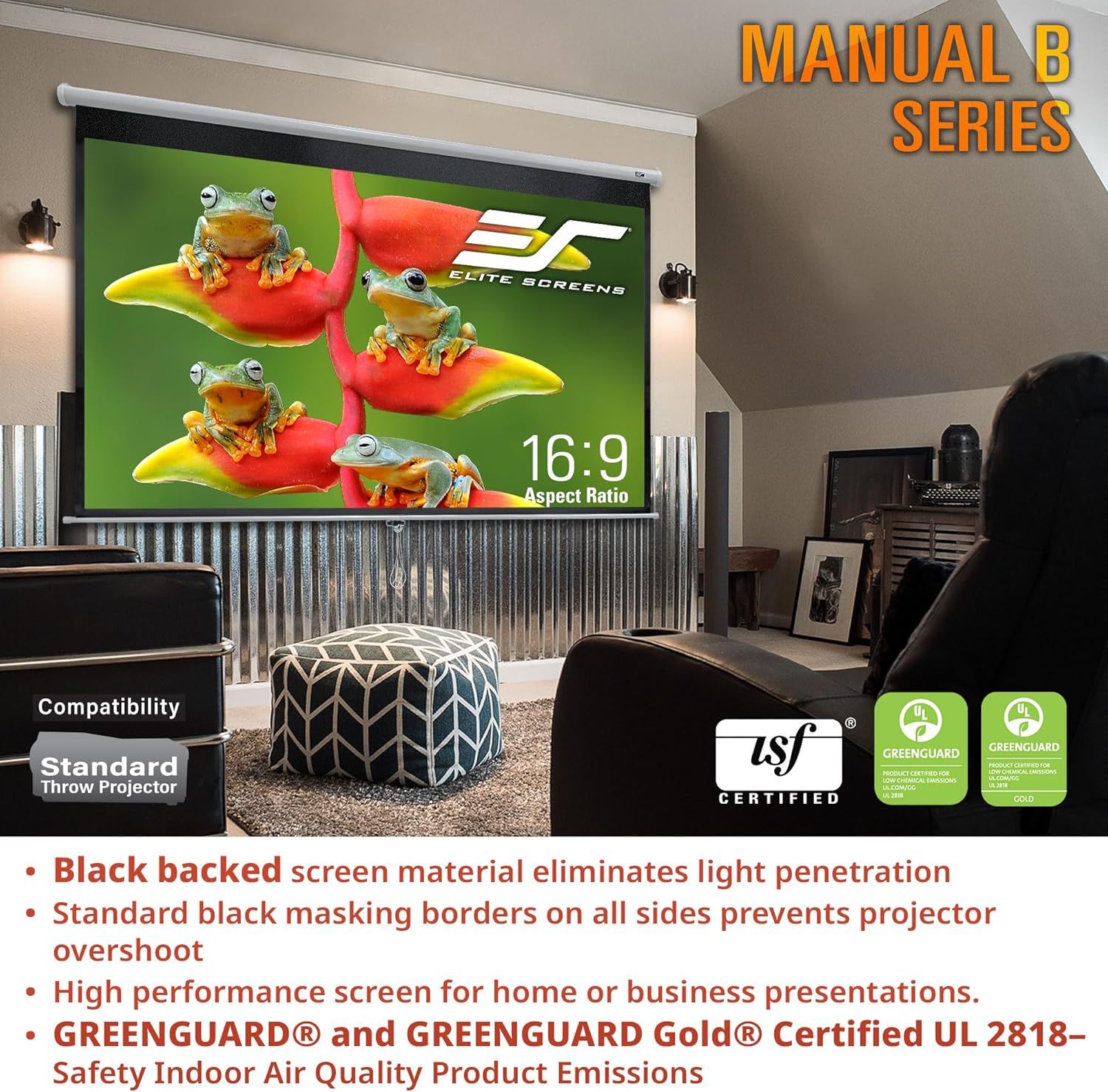 Communicates multiple technical benefits and certifications of the projector screen to reassure shoppers about quality, performance, and safety standards.