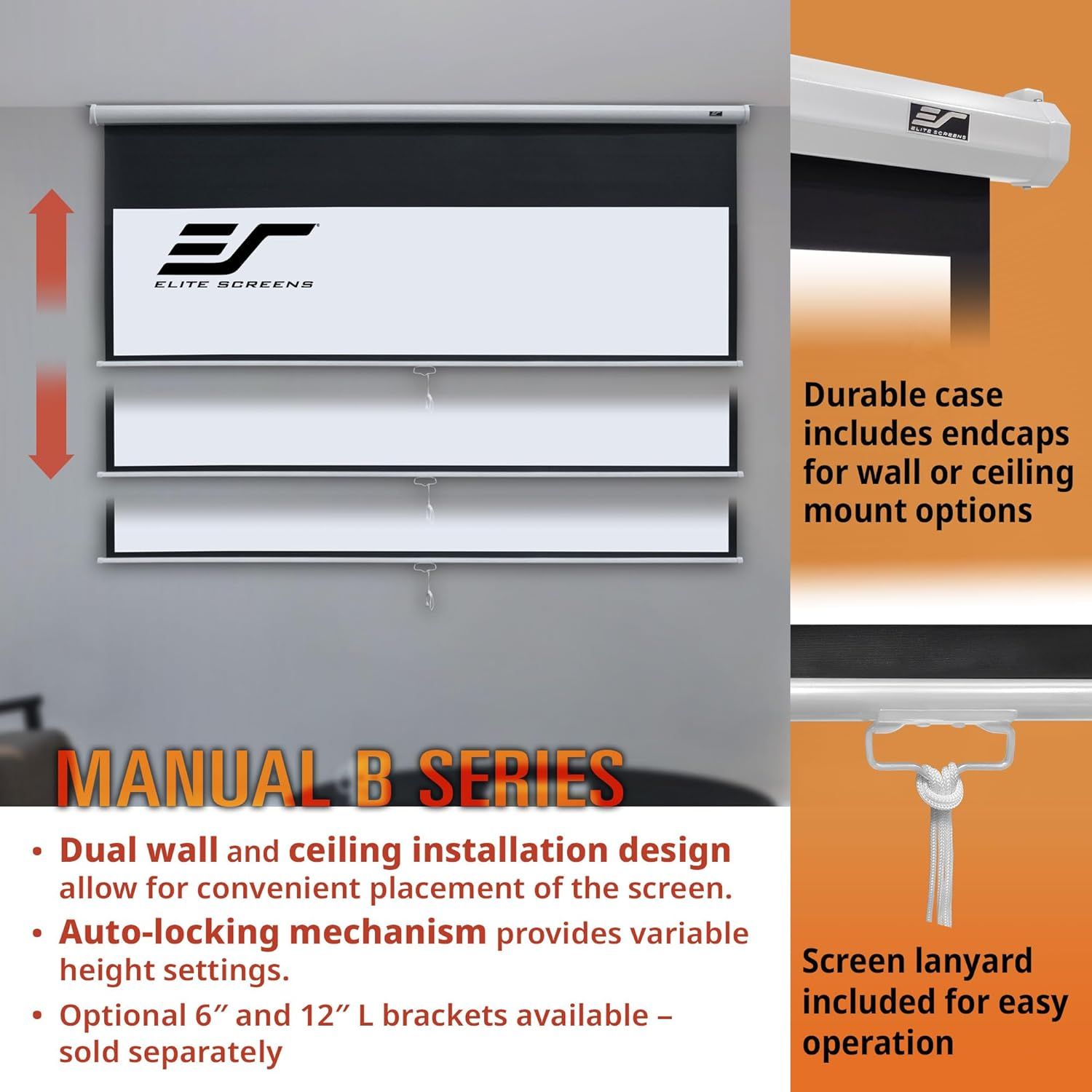 Communicates multiple distinct benefits of the projector screen including flexible installation options, adjustable height settings, durable mounting hardware, and easy operation features to help…