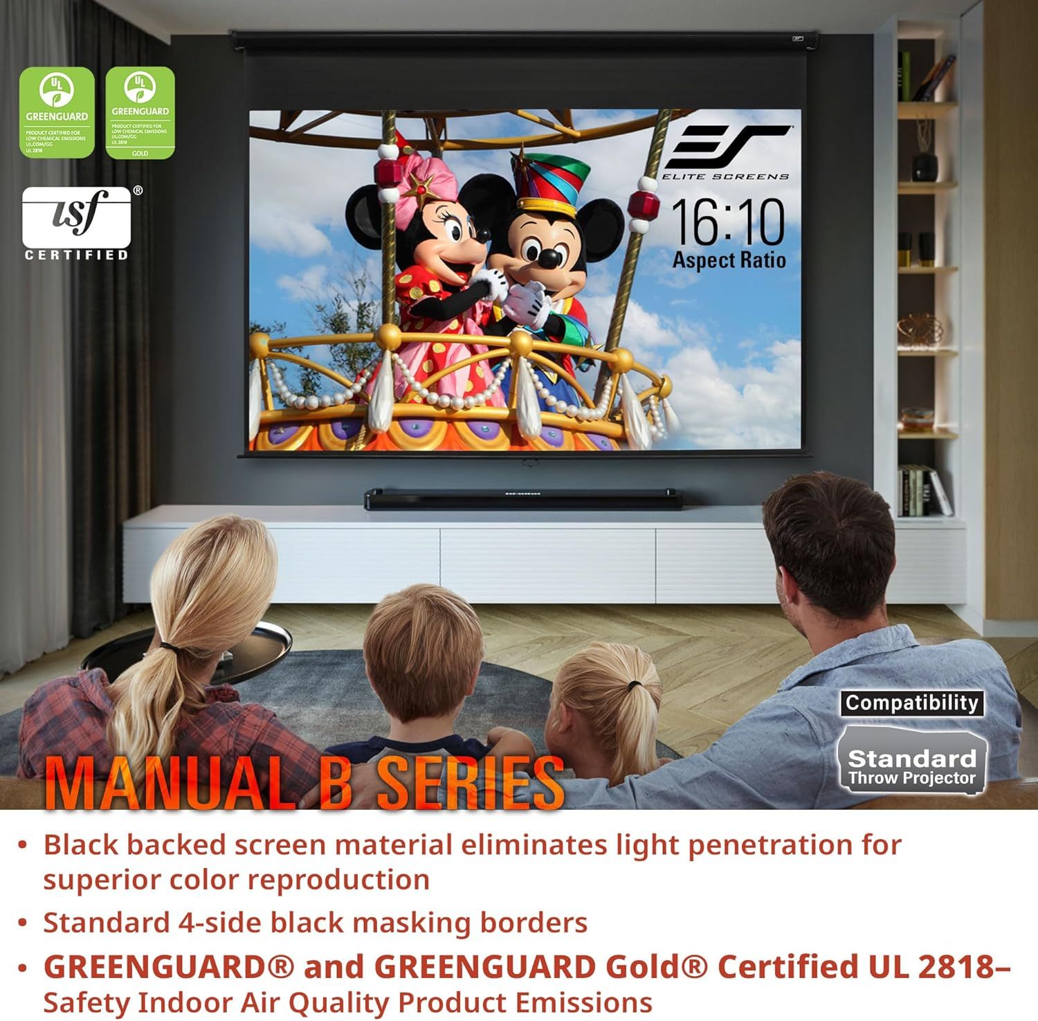 Communicates multiple distinct product benefits including superior color reproduction through black backing, safety certifications, aspect ratio specification, and projector compatibility to help…