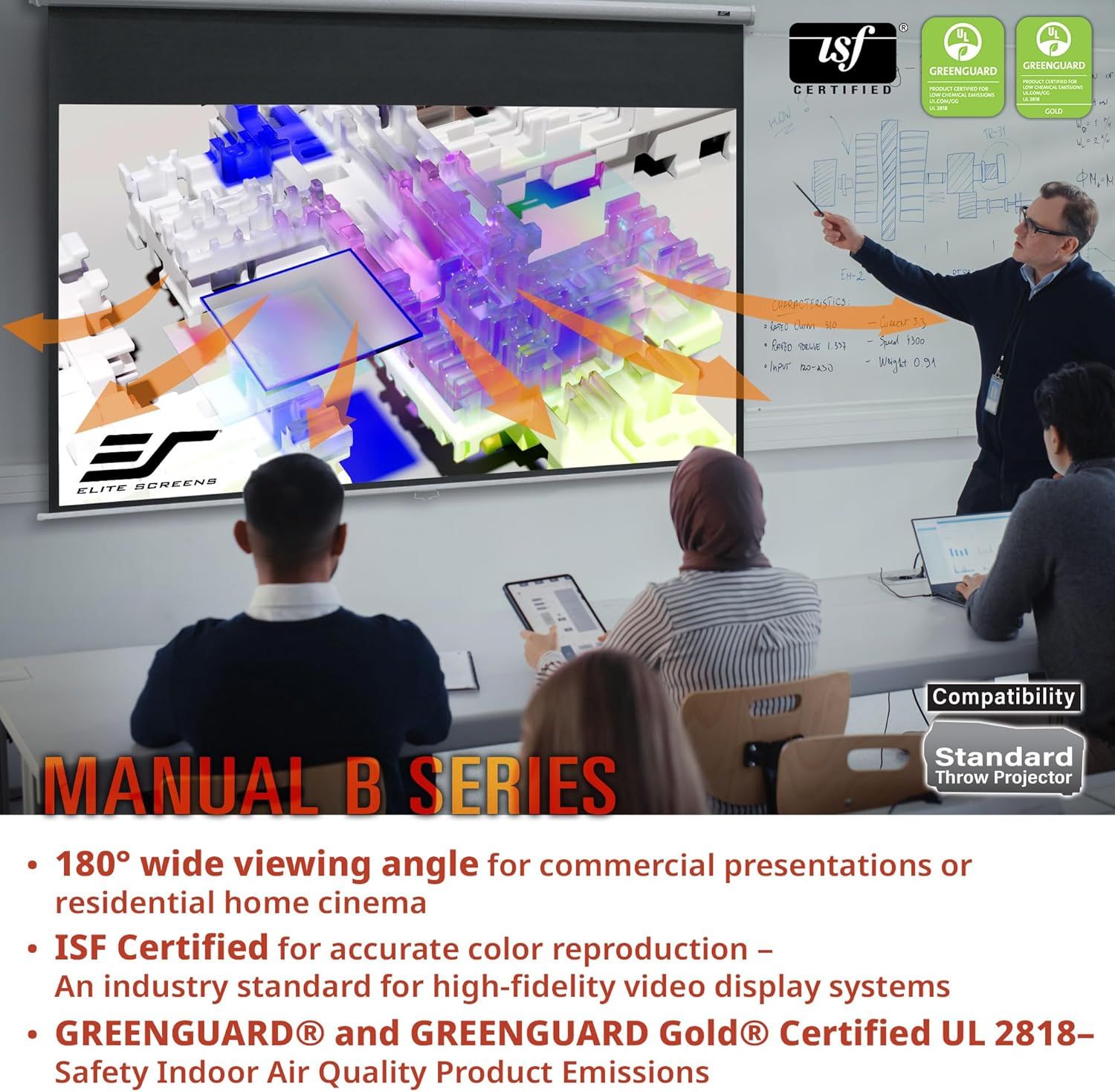 Communicates multiple safety and environmental certifications (ISF, GREENGUARD, GREENGUARD Gold) to reassure buyers that the projector screen meets industry standards for color accuracy, indoor air…