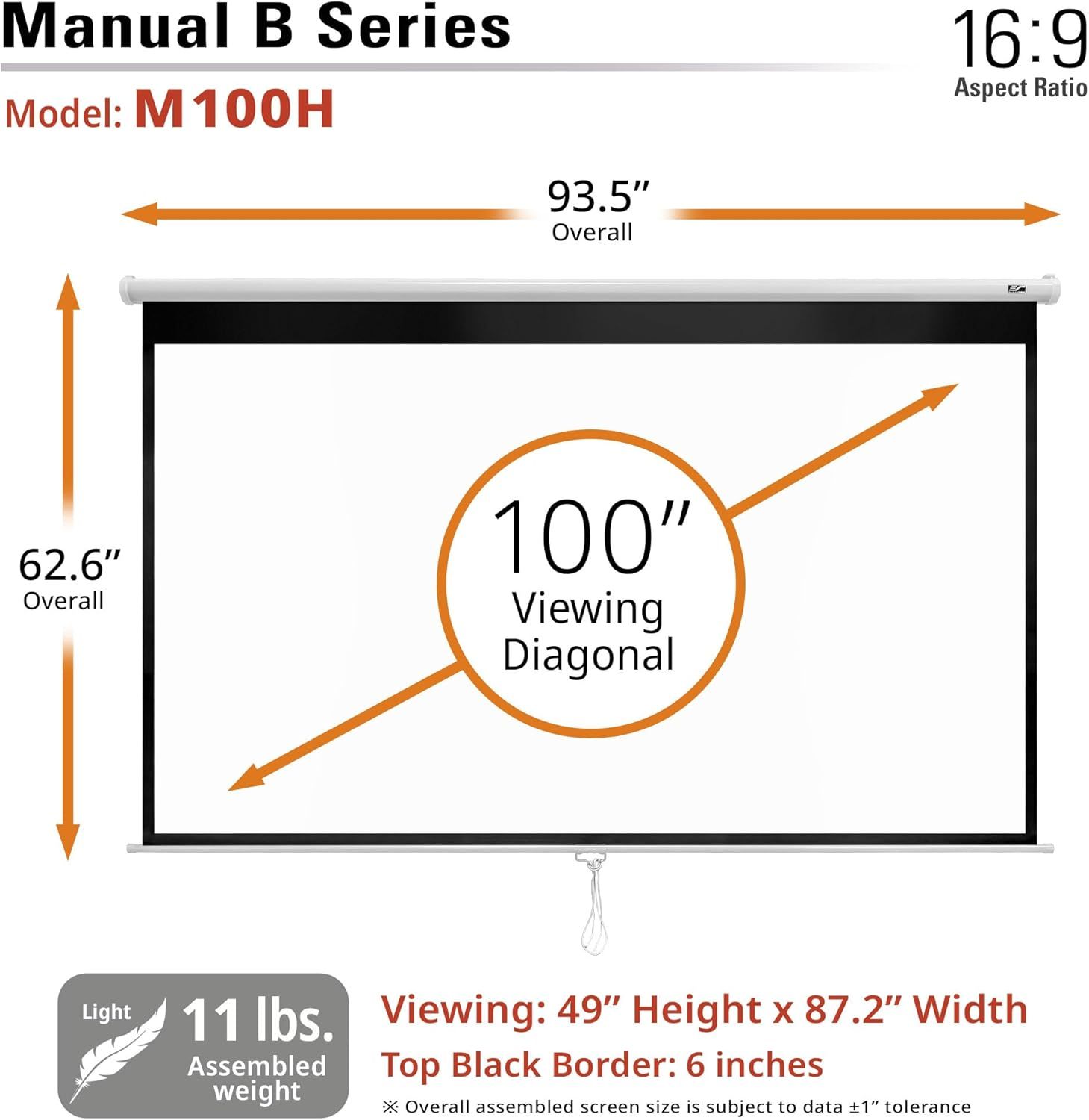 Provides detailed physical measurements of the projector screen (width, height, diagonal, weight) to help shoppers understand the exact size and ensure it fits their space.
