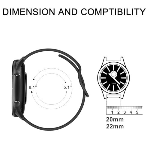 Communicates the adjustable wrist size range (5.1" to 8.1") and the compatible watch lug widths (20mm and 22mm) to help shoppers determine if the band will fit their wrist and watch. Shows which…