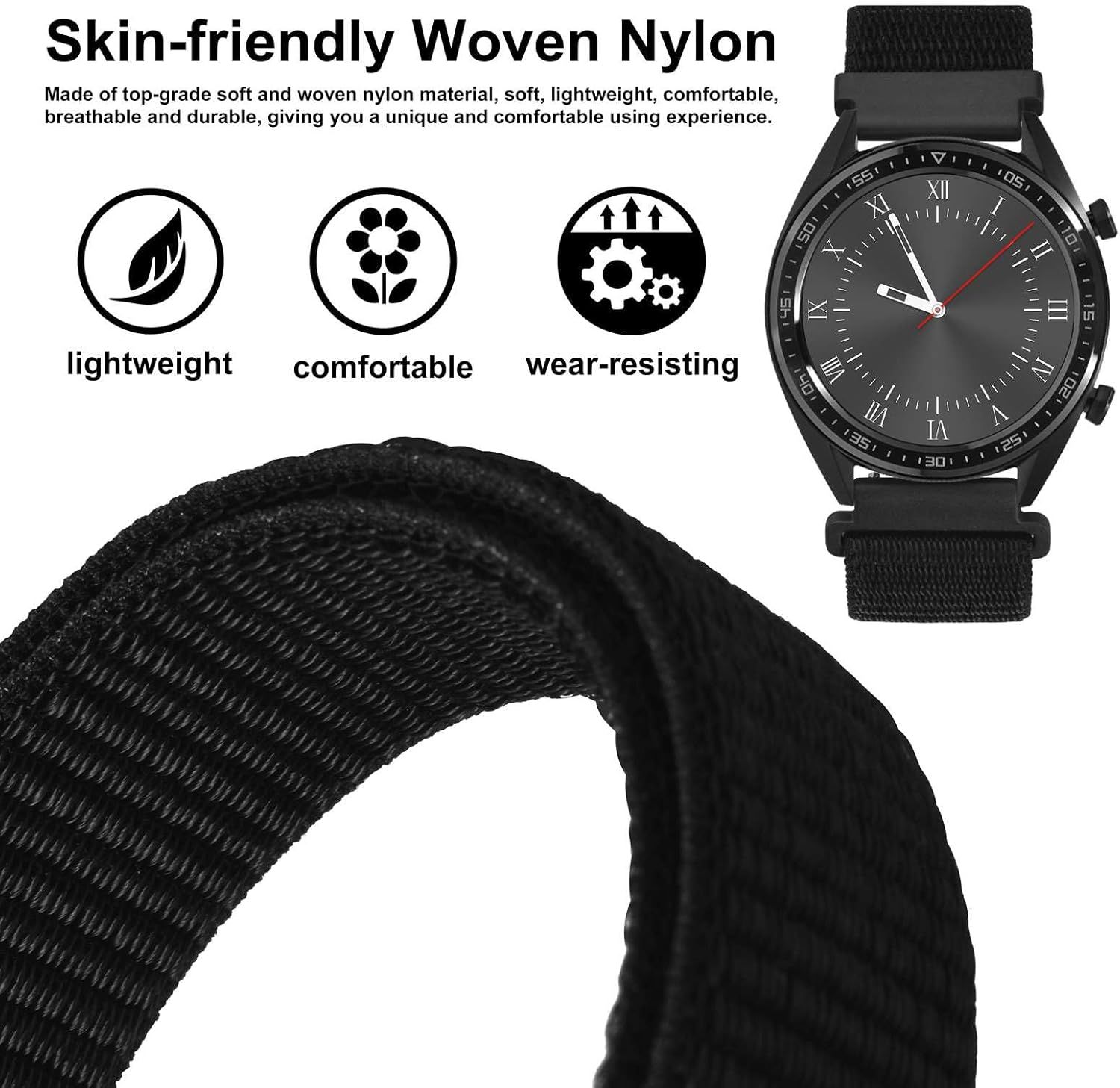 Communicates multiple distinct benefits of the watch band material through a segmented layout with icons and text, reassuring shoppers about comfort, durability, and quality.