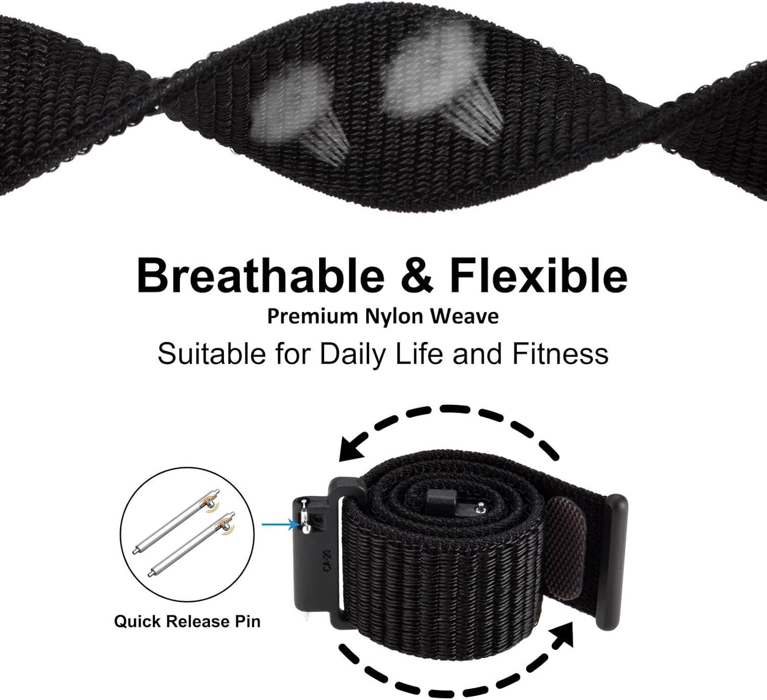 Highlights the physical components and material construction of the watch band, showing the quick-release pin mechanism and premium nylon weave to communicate ease of installation and quality…