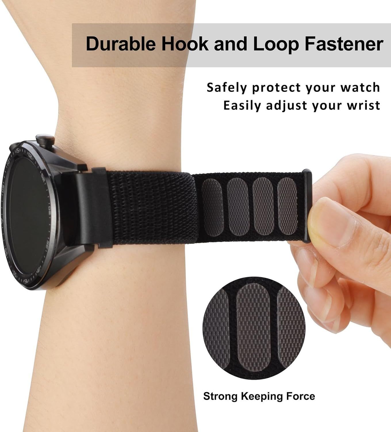 Highlights the watch band's hook and loop fastening system with a zoomed-in detail to show the secure attachment mechanism and ease of adjustment. Communicates multiple benefits of the watch band…
