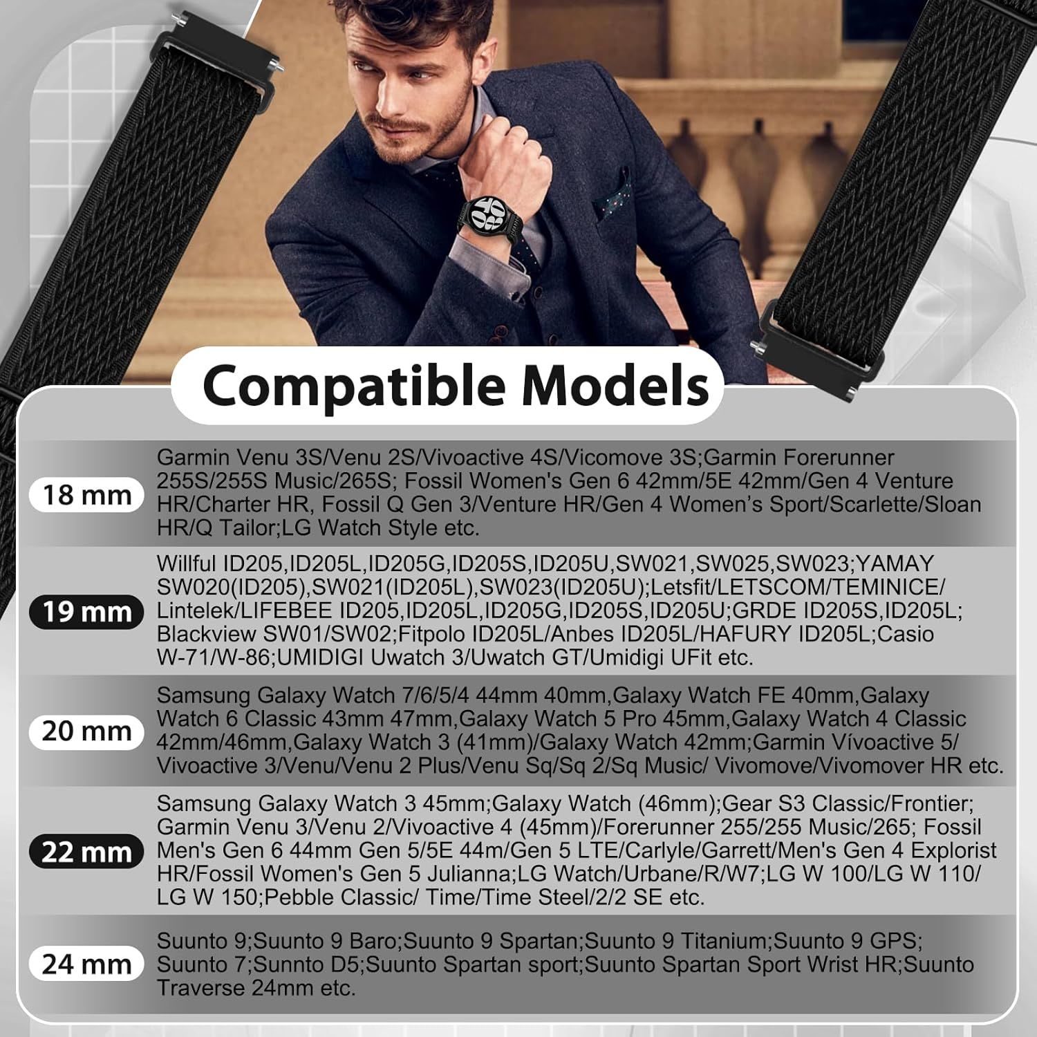 Shows shoppers which smartwatch and fitness watch models the band is compatible with, organized by band width size (18mm, 19mm, 20mm, 22mm, 24mm) to help them identify the right fit for their device.