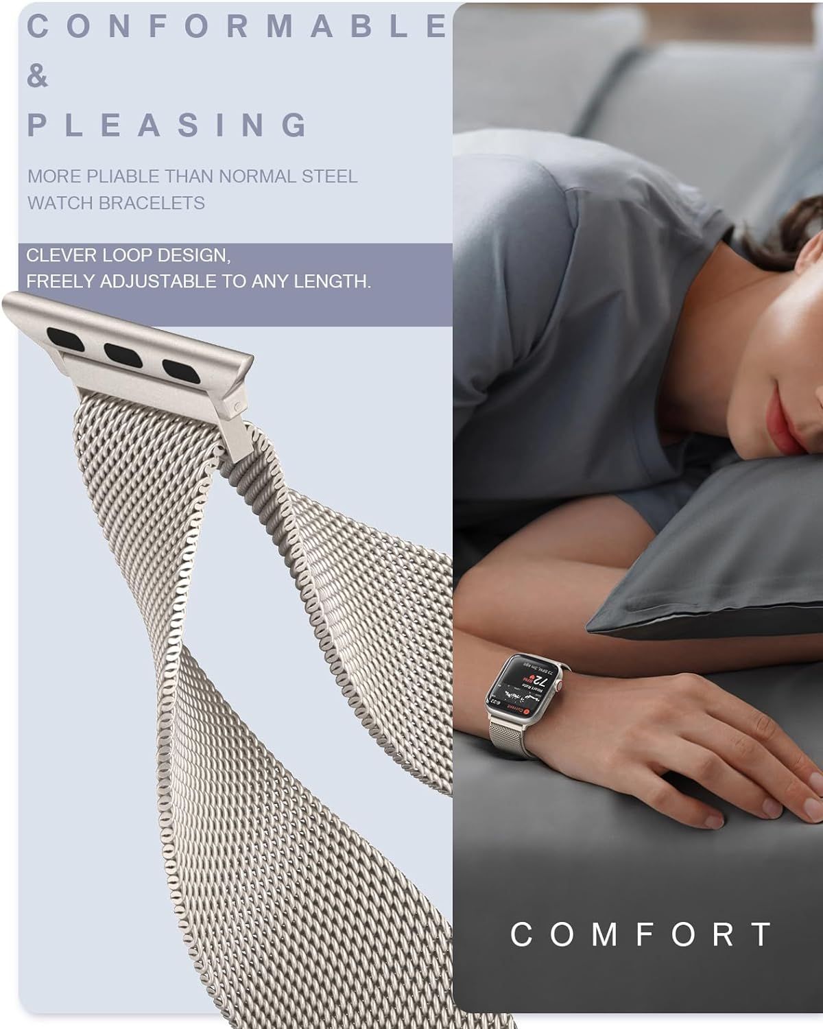 Communicates the comfort and flexibility of the watch bracelet, emphasizing its pliability compared to steel and its adjustable design to reassure shoppers about wearability and all-day comfort.