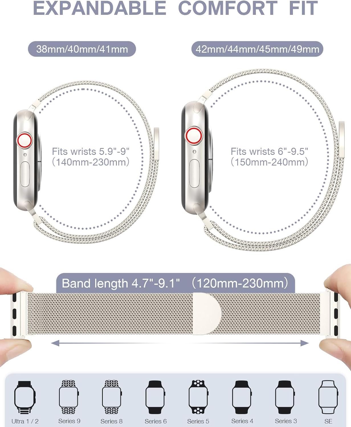 Communicates the adjustable sizing and compatibility of the watch band with multiple Apple Watch models and wrist sizes, reassuring shoppers about fit and versatility.