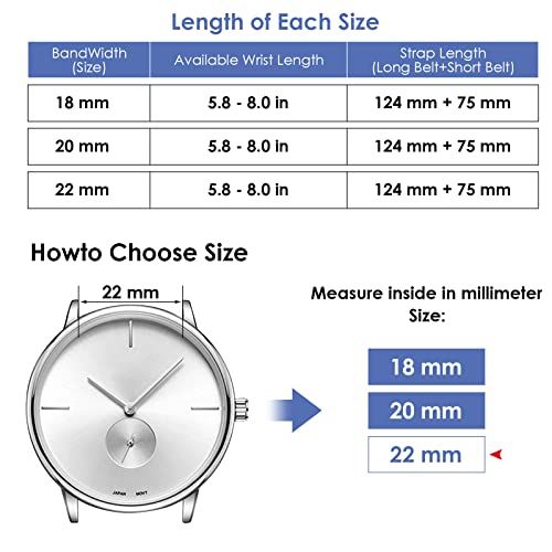 Provides detailed sizing information to help shoppers choose the correct watch band size by showing available dimensions and how to measure their watch.