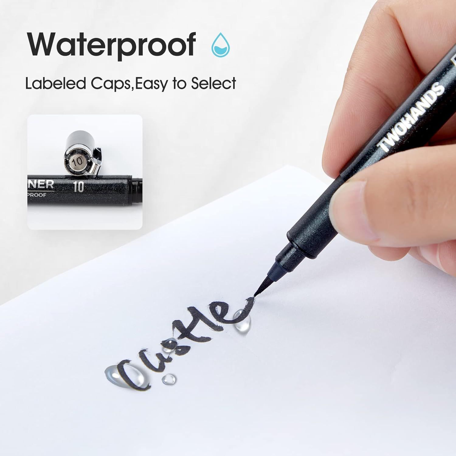 Highlights the waterproof feature of the product and the convenience of labeled caps for easy selection, reassuring shoppers that the product is durable and user-friendly.