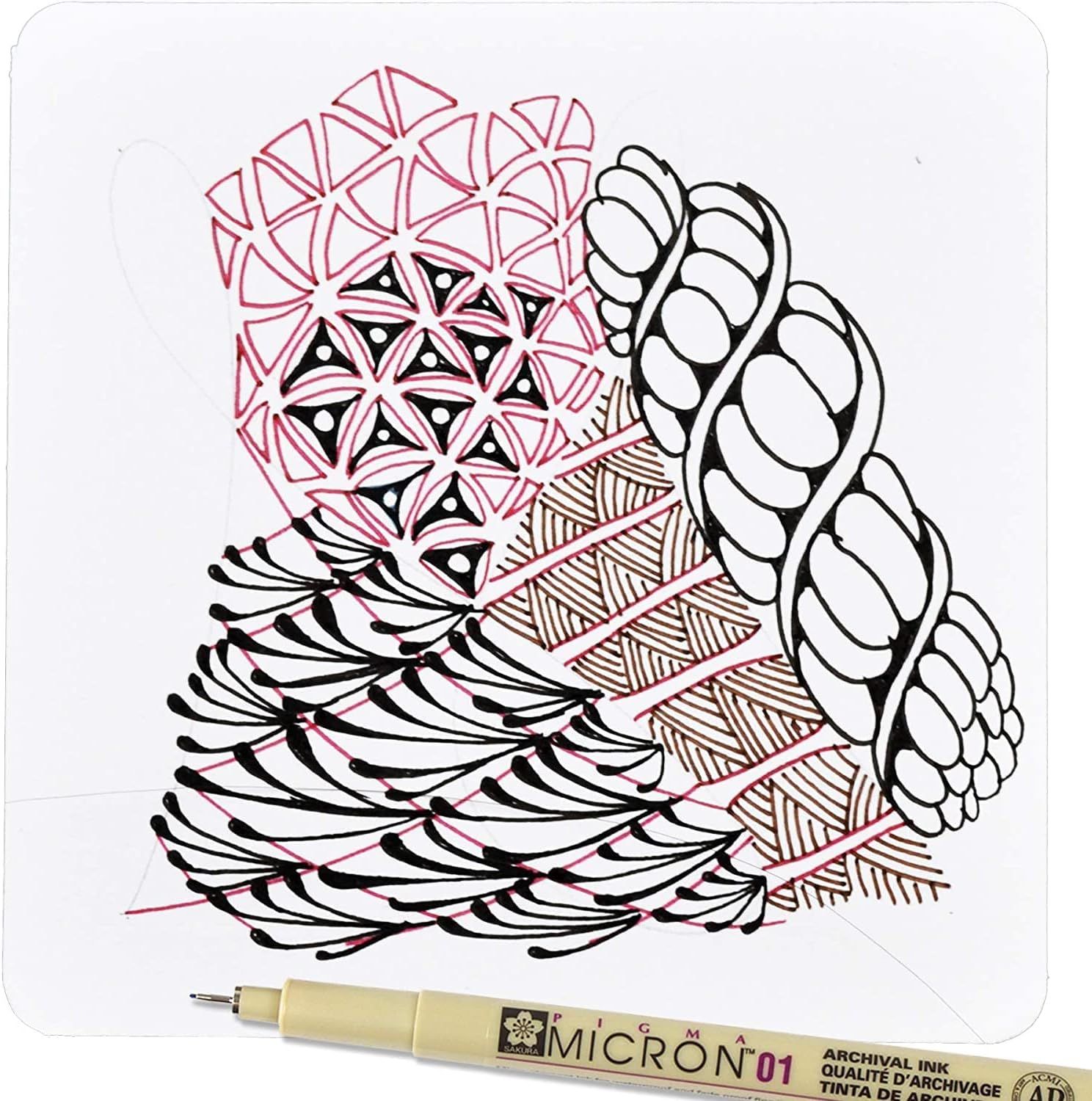 Displays the product (Micron pen) in a clean, catalog-style format alongside an example of artwork created with it, demonstrating the pen's capability for detailed line work and artistic applications.