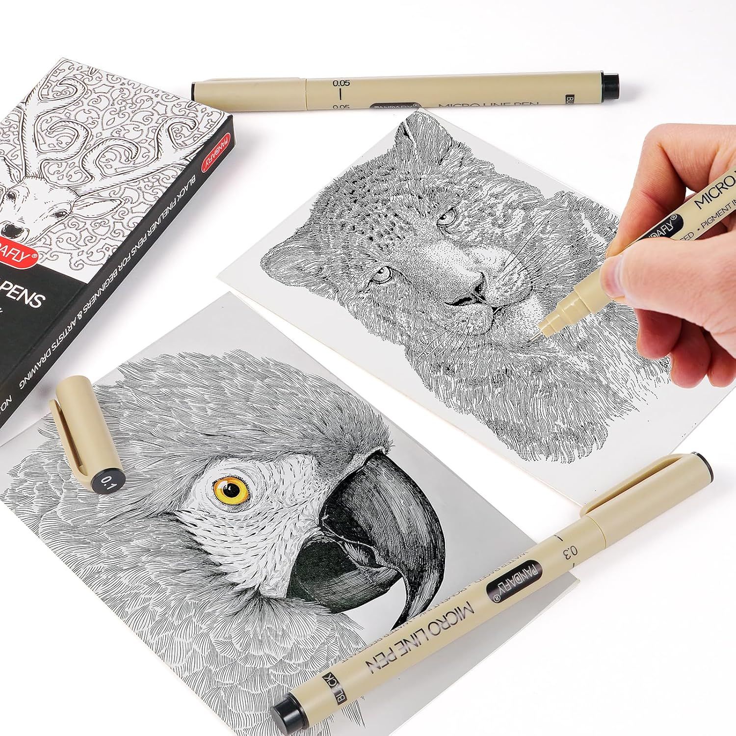 Shows the product being used in a real-world creative context to help shoppers visualize themselves using the pens for detailed artwork and understand the precision and quality achievable with these…