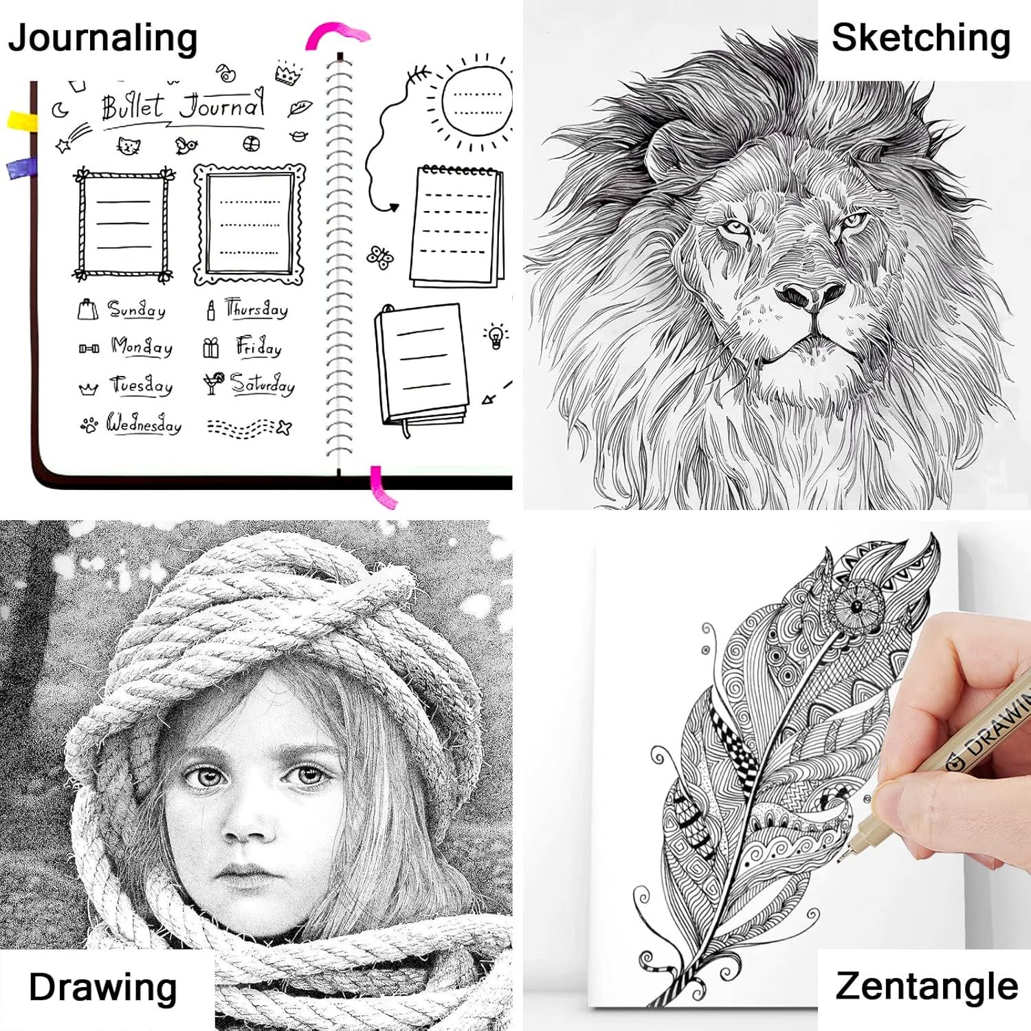 Demonstrates the versatility of the product by showcasing four distinct creative applications—journaling, sketching, drawing, and zentangle—to appeal to a wide range of artistic users.