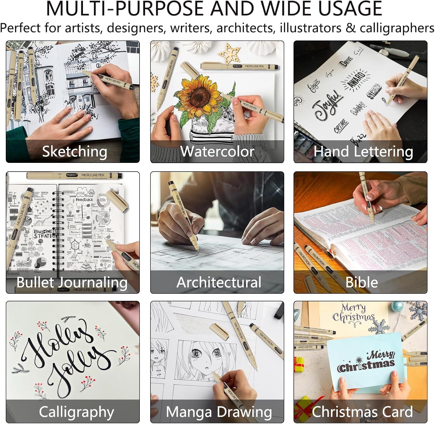 Demonstrates the versatility of the product by showing it can be used across multiple creative applications and use cases, from art to design to writing.