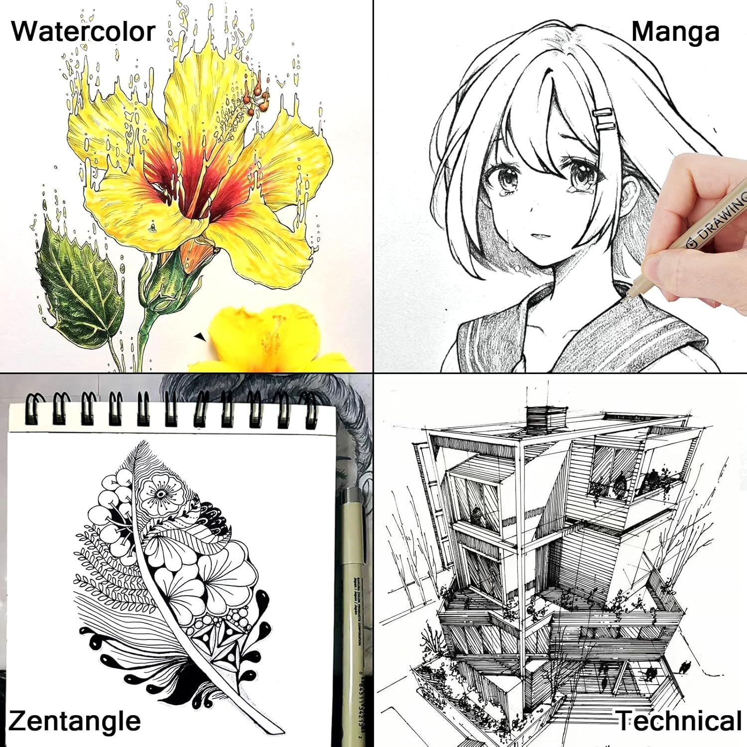Demonstrates the product's versatility by showcasing four distinct artistic applications—watercolor, manga, zentangle, and technical drawing—to communicate that this drawing tool works across…