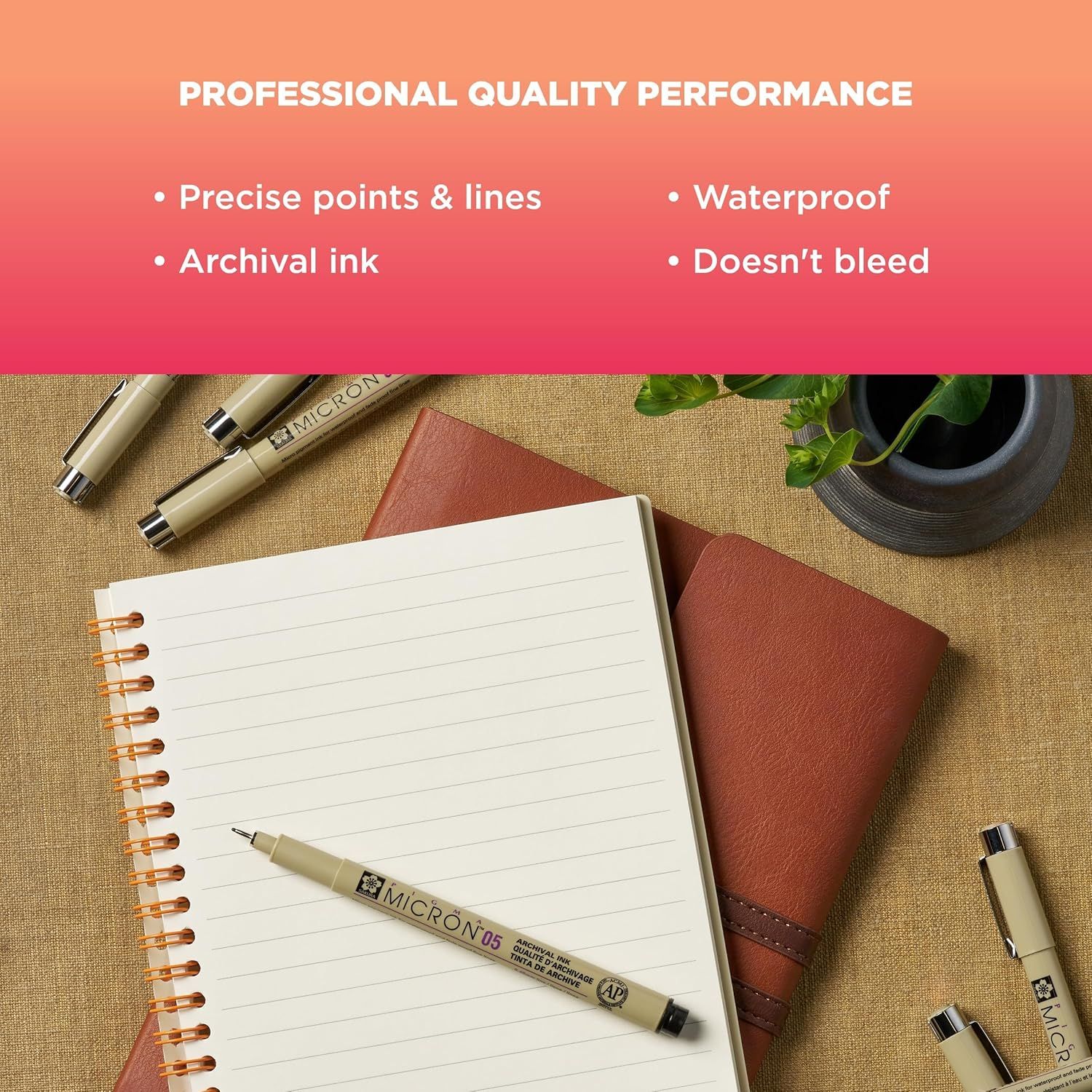 Communicates multiple professional-quality performance benefits of the pen to reassure shoppers that it delivers precision, durability, and reliability for professional or creative use.