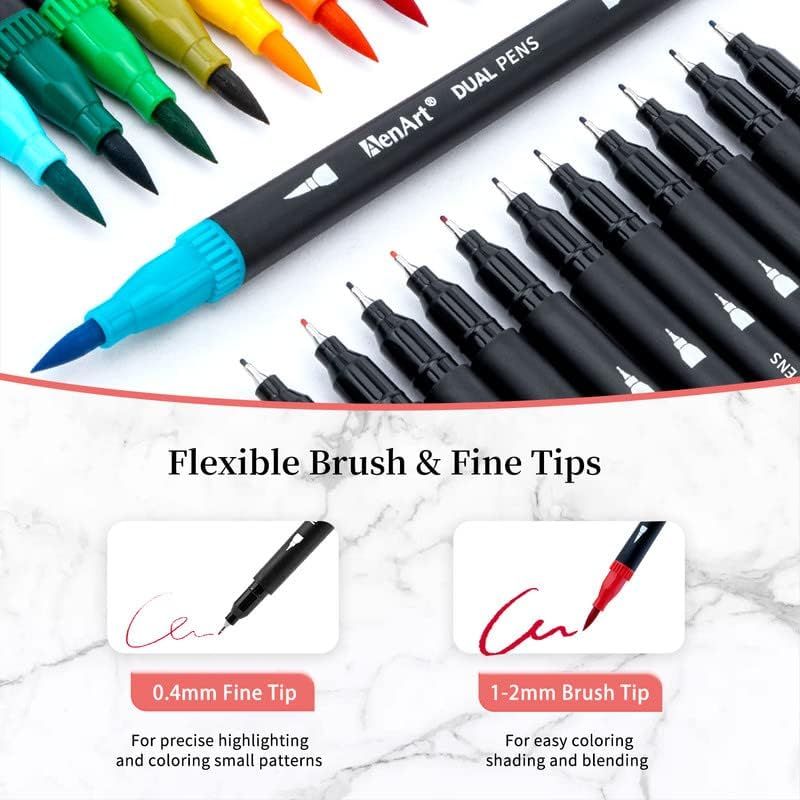 Highlights the product's dual-tip design with specific measurements (0.4mm fine tip and 1-2mm brush tip) to show shoppers the versatility and precision of the pen for different artistic applications.