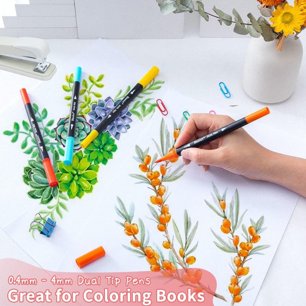 Demonstrates the dual-tip pens in action for coloring and artistic applications, showing shoppers the product's versatility and quality for creative work.