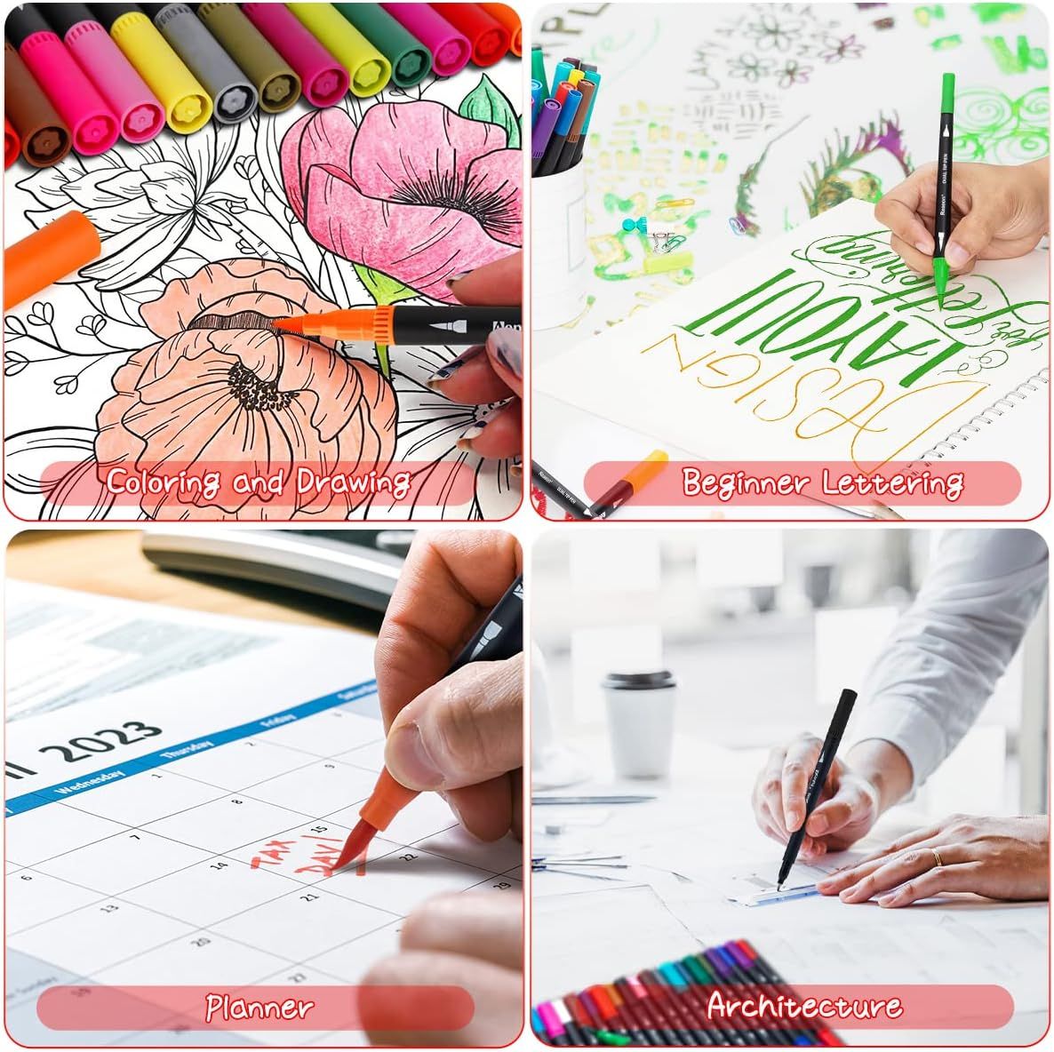 Demonstrates multiple use cases for the markers/pens, showing they can be used for artistic coloring, hand lettering, calendar planning, and professional architecture work to communicate versatility.