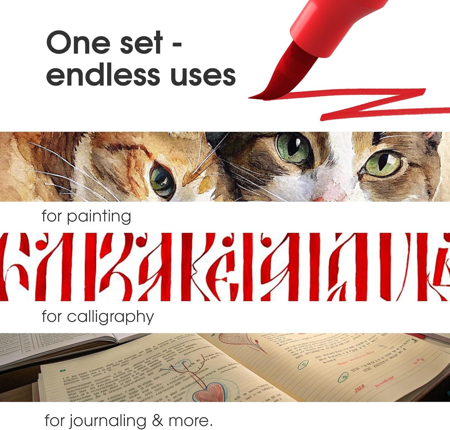 Demonstrates the versatility of the product by showing it can be used for multiple creative applications—painting, calligraphy, and journaling—to communicate its multi-purpose value.